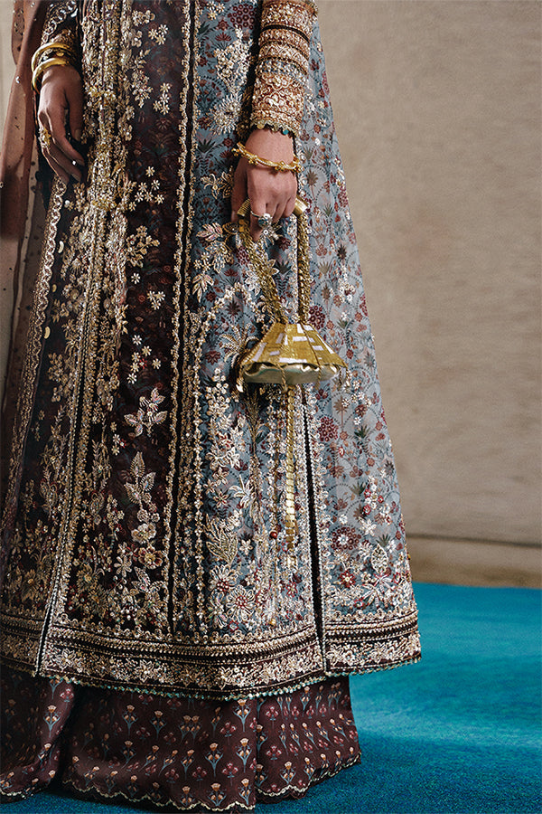 Model Wearing Suffuse by Sana Yasir Vionna Dark brown front open shirt with sharara for Wedding Wear - Pakistani Designer wear for Women in UK | Kifat