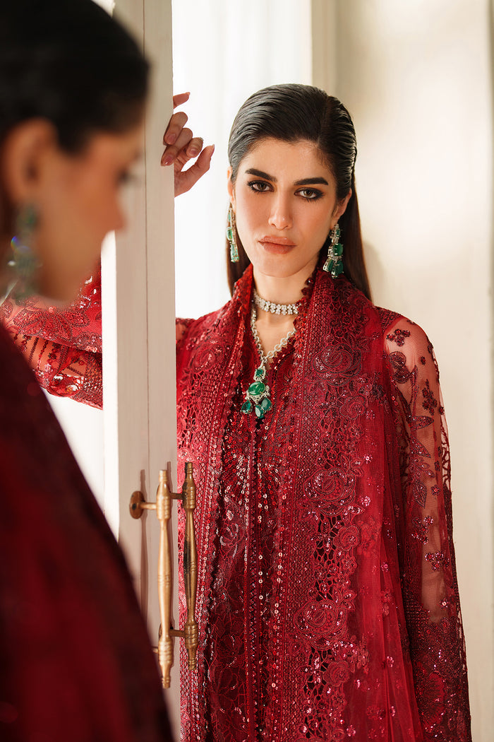 Baroque CH14-01 Maroon Sleek Long Shirt with Crushed Sharara,Front Open Gown with Sharara Pants for Wedding Wear - Pakistani Designer Wear for Women in UK | Kifat