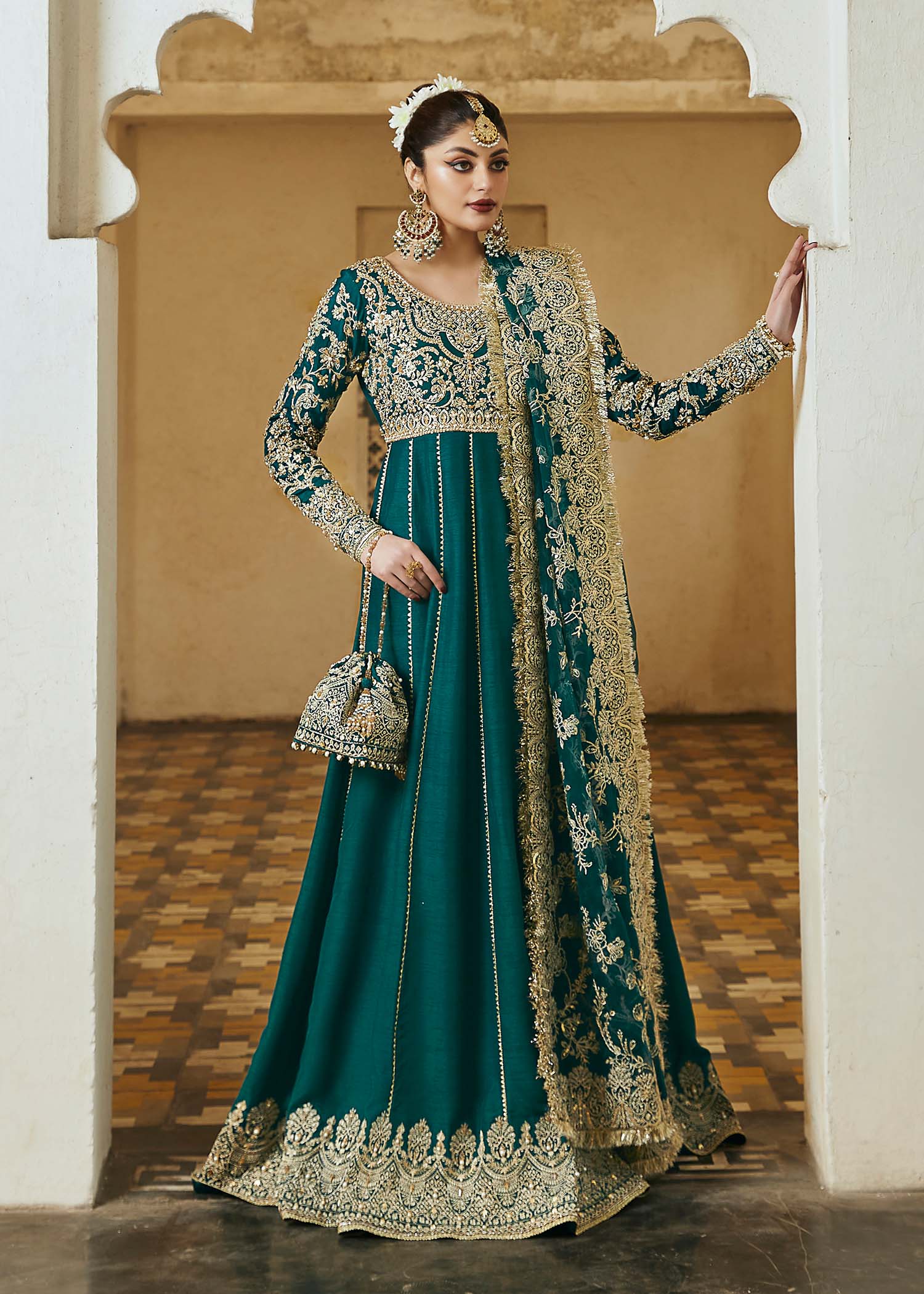 Kanwal Malik Bottle Greeen Pishwas with floor-length silhouette for Luxury Wedding wear - Pakistani Designer Wear for Women in UK | Kifat