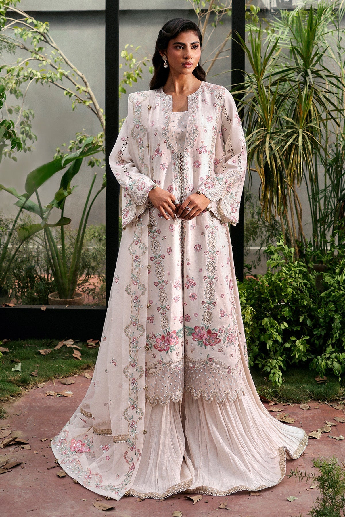 Women Wearing Rue White Front Open Shirt With Crushed Sharara  For Festive Events - Pakistani Designer Wear For Women In Uk | Kifat