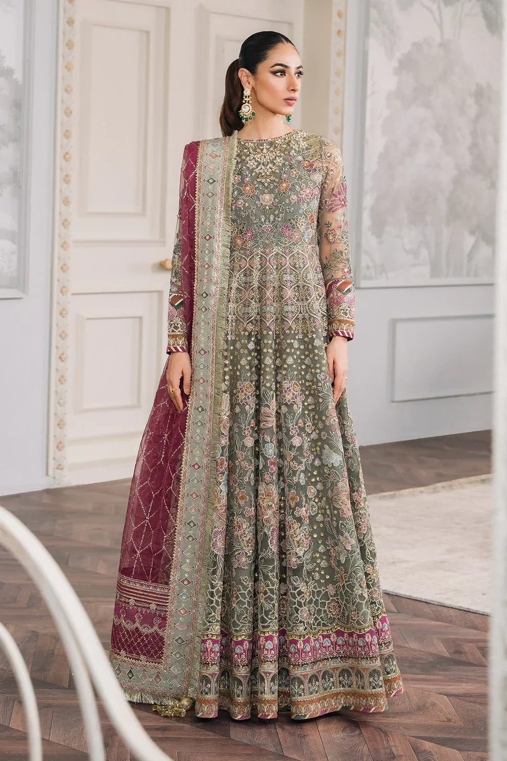 Baroque CH12-02 Sage Green Frock,Gown for Wedding Wear - Pakistani Designer Wear for Women in UK | Kifat