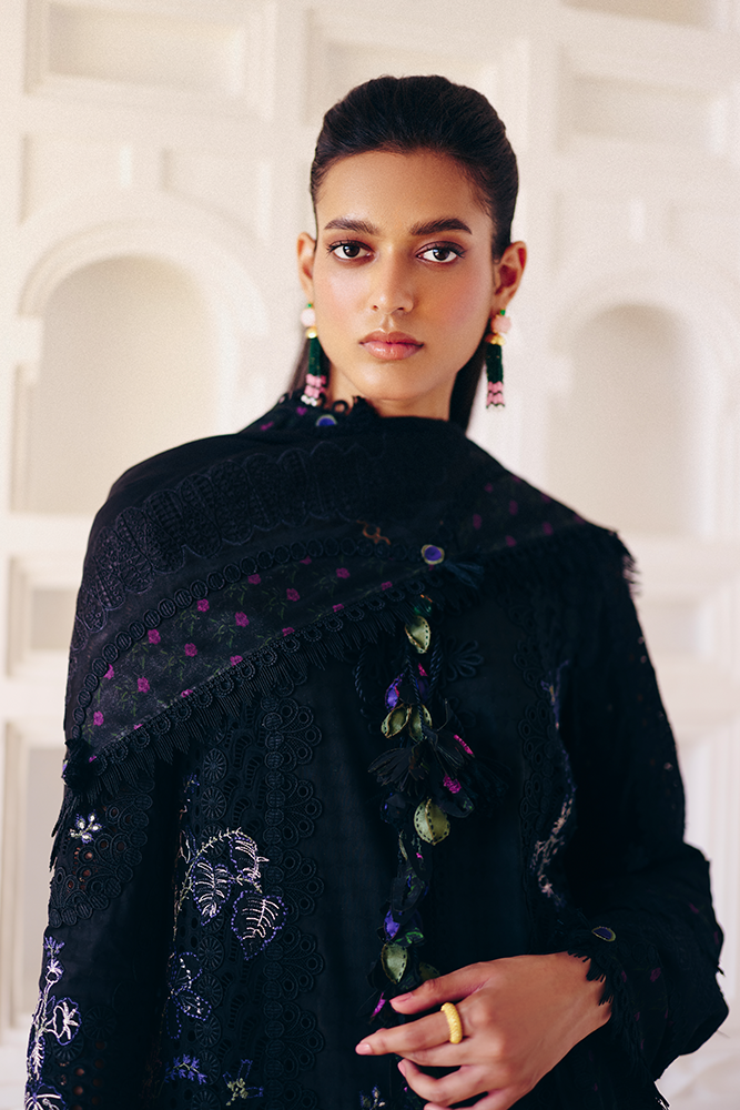 Model Wearing Suffuse by Sana Yasir LEYLA Midnight Black Shirt with bell-bottom pants for Casual Dress- Pakistani Designer wear for Women in UK | Kifat