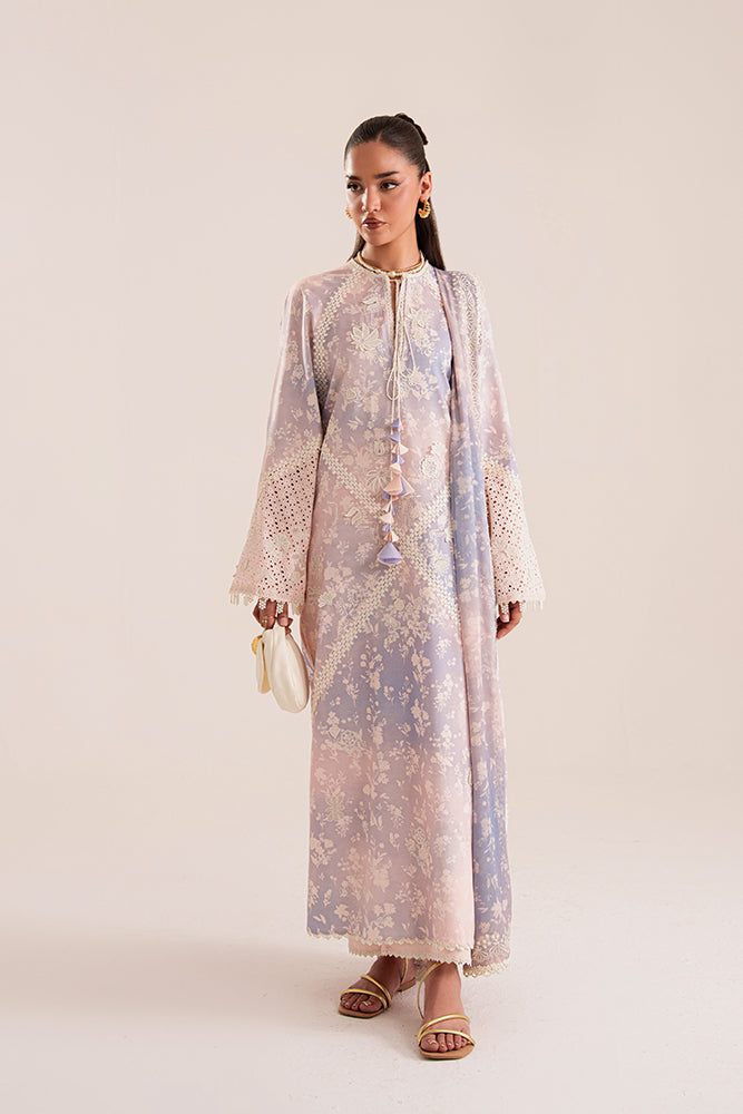 Model Wearing Suffuse by Sana Yasir EESHAR Periwinkle Peach Kaftan with culottes for Casual Dress- Pakistani Designer wear for Women in UK | Kifat
