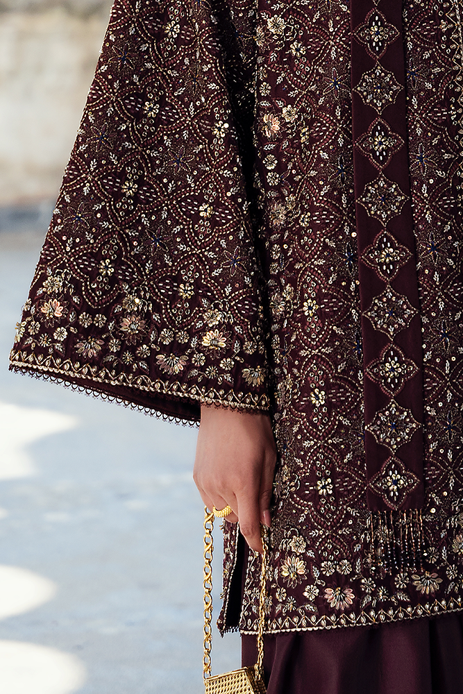 Model Wearing Suffuse by Sana Yasir ORANA Chocolate amber front open jacket with pants for Formal Events- Pakistani Designer wear for Women in UK | Kifat