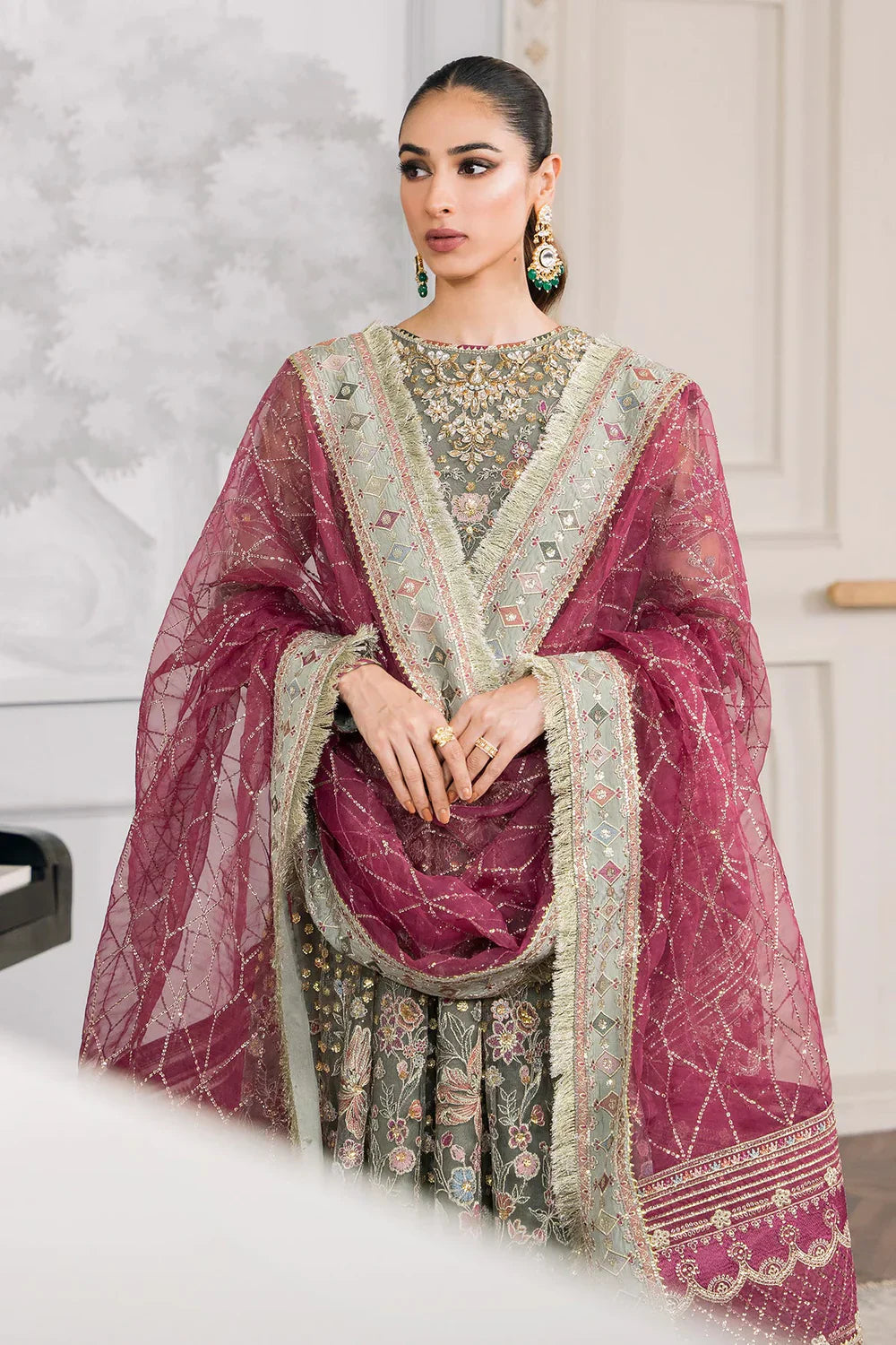 Baroque CH12-02 Sage Green Frock,Gown for Wedding Wear - Pakistani Designer Wear for Women in UK | Kifat