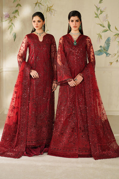 Baroque CH14-01 Maroon Sleek Long Shirt with Crushed Sharara,Front Open Gown with Sharara Pants for Wedding Wear - Pakistani Designer Wear for Women in UK | Kifat