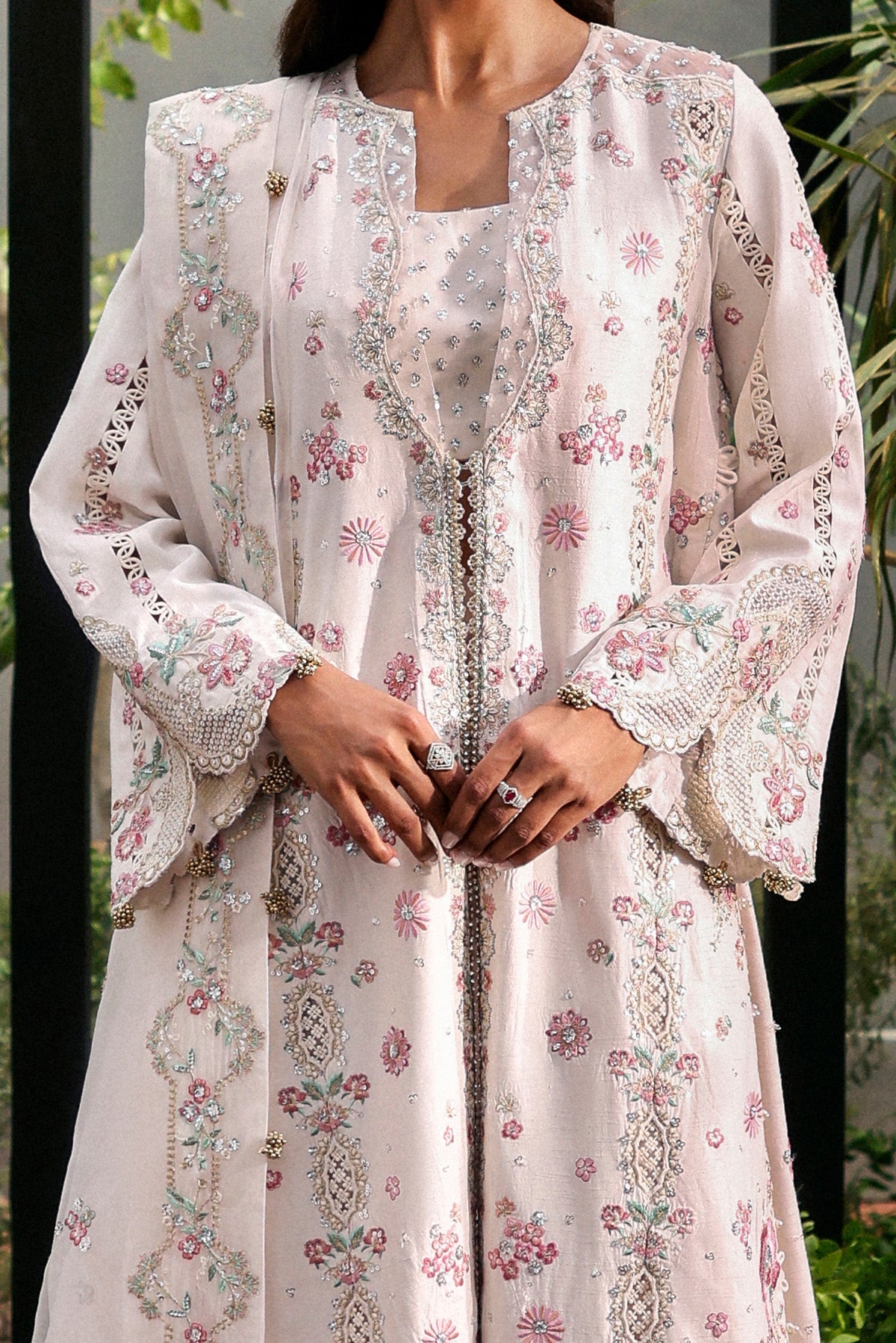 Women Wearing Rue White Front Open Shirt With Crushed Sharara  For Festive Events - Pakistani Designer Wear For Women In Uk | Kifat