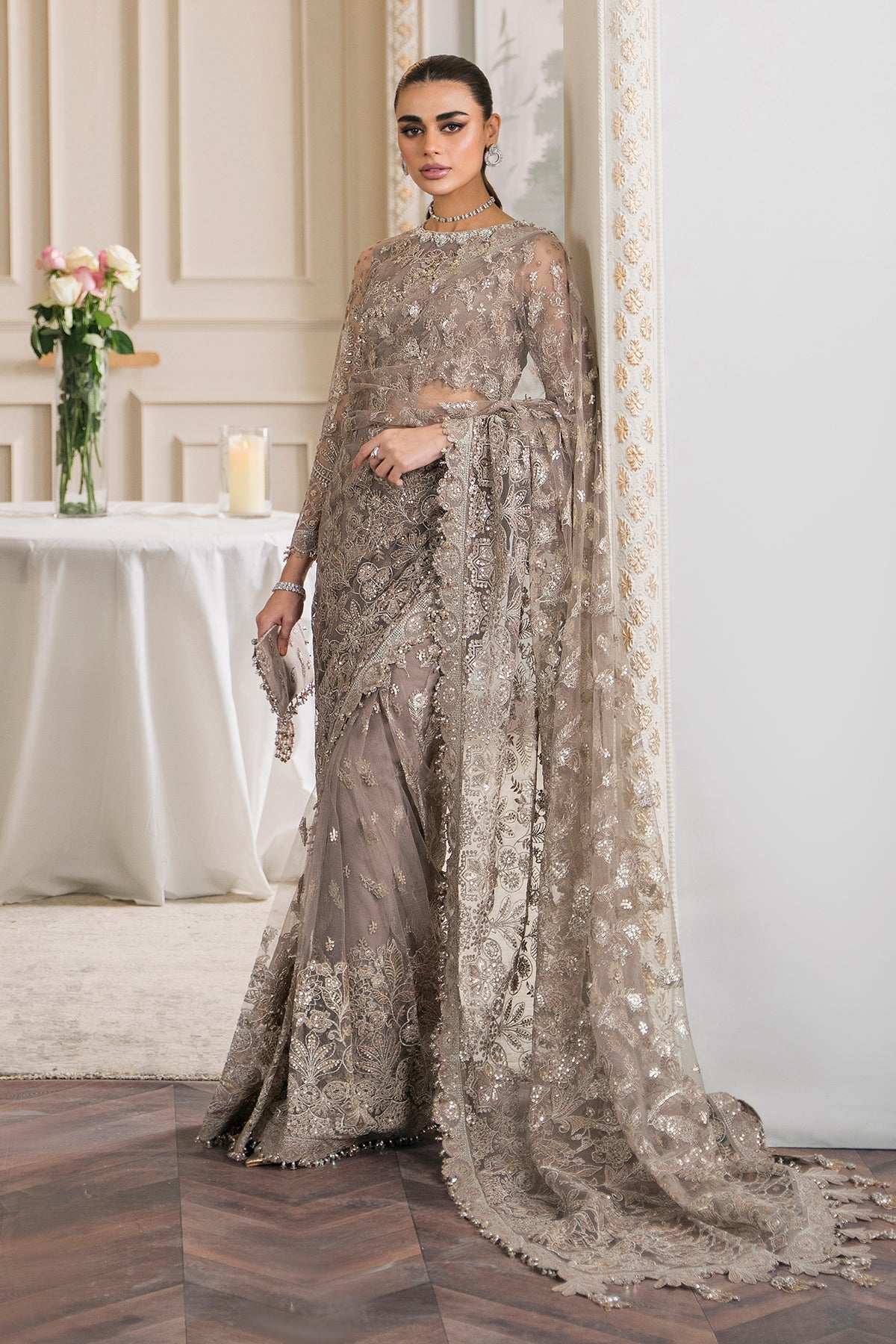 Baroque CH12-06 Beige Slit Maxi,Saree for Formal Events - Pakistani Designer Wear for Women in UK | Kifat