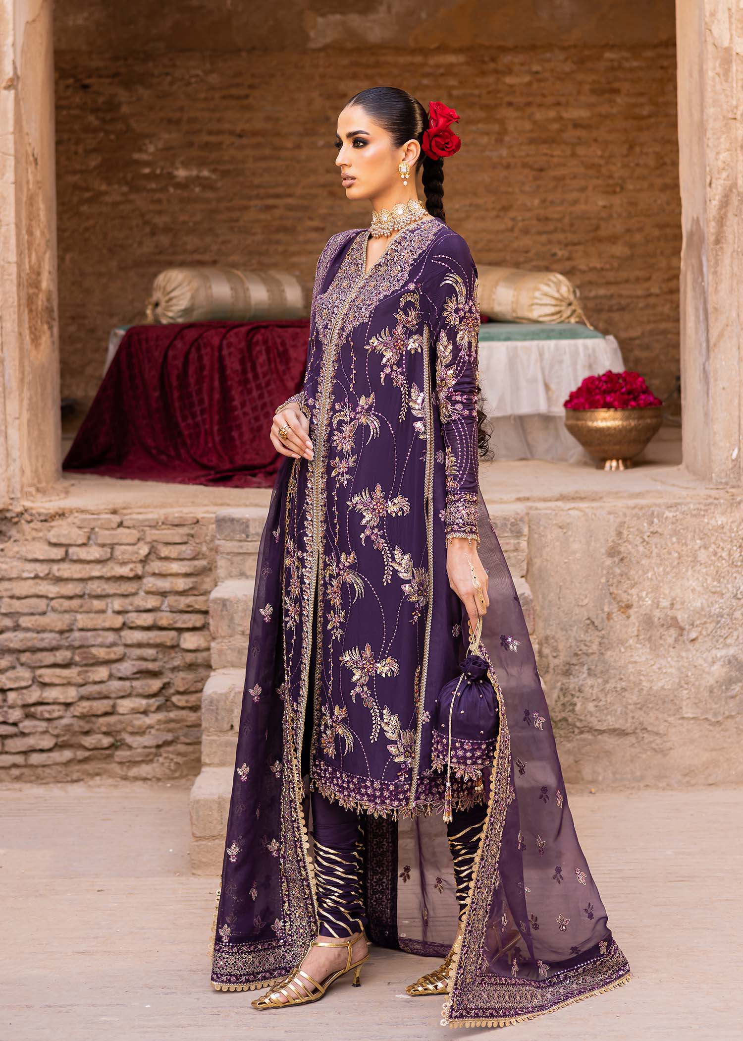 Women Wearing Haniye Purple Long Shirt For Luxury Formals Events - Pakistani Designer Wear For Women In UK | Kifat