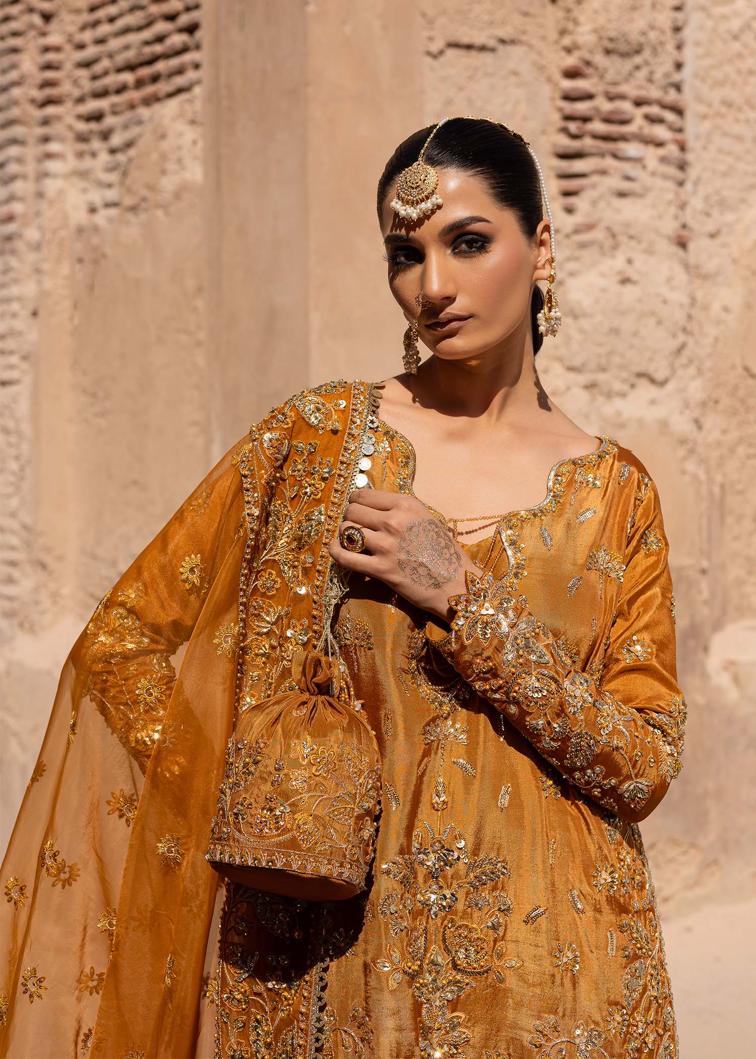Women Wearing Zarmisha Mustard Long Shirt For Luxury Formals Events - Pakistani Designer Wear For Women In UK | Kifat