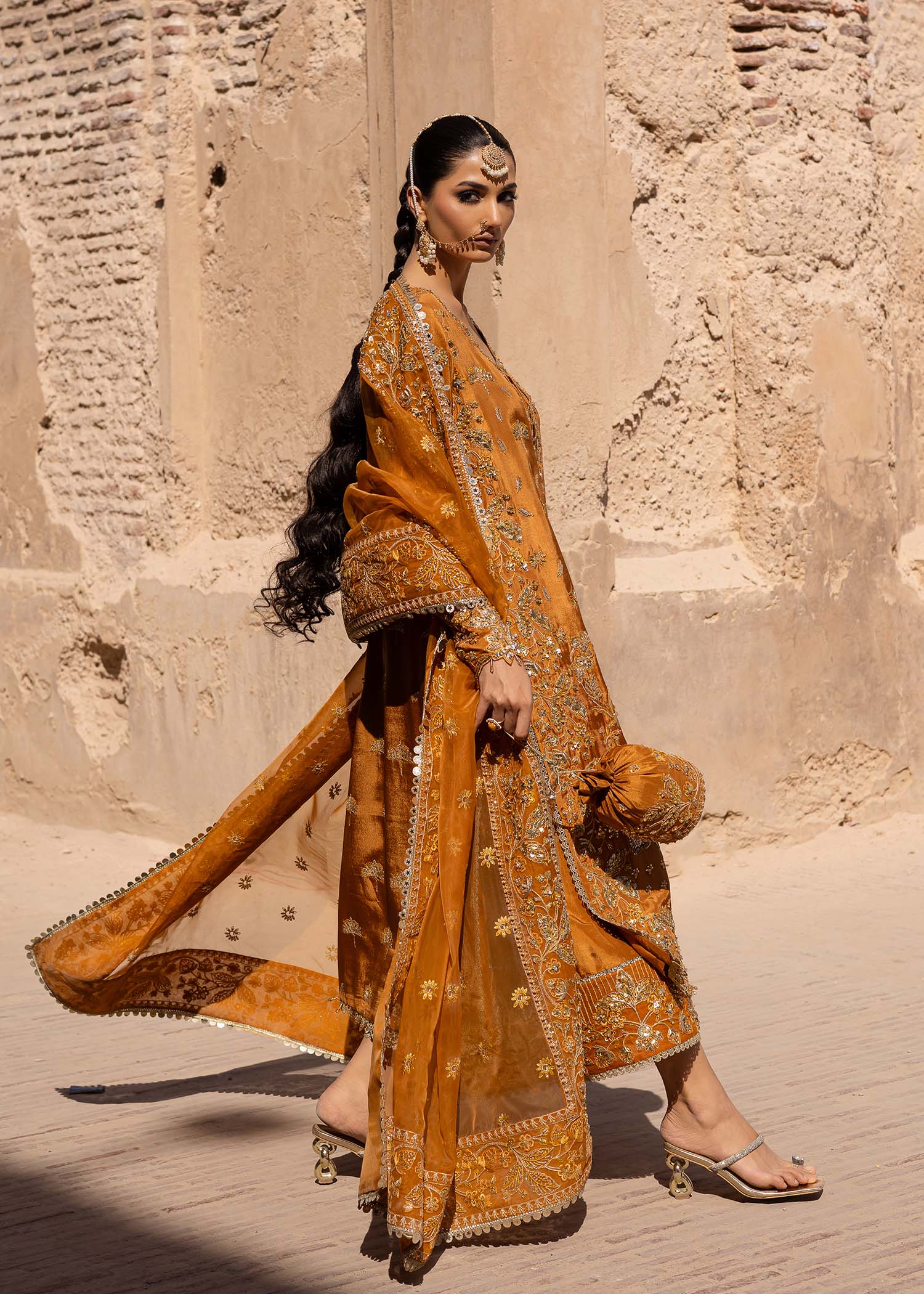 Women Wearing Zarmisha Mustard Long Shirt For Luxury Formals Events - Pakistani Designer Wear For Women In UK | Kifat