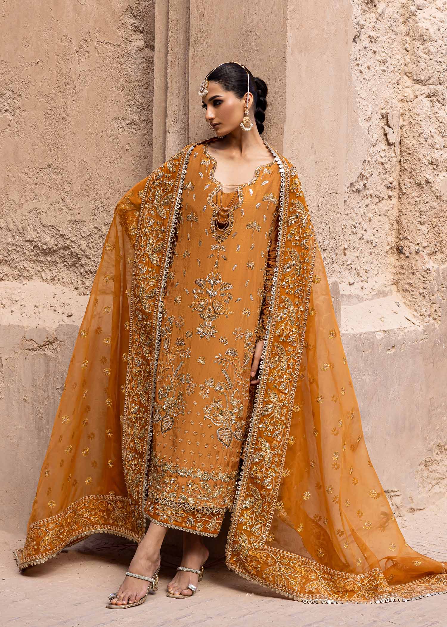 Women Wearing Zarmisha Mustard Long Shirt For Luxury Formals Events - Pakistani Designer Wear For Women In UK | Kifat