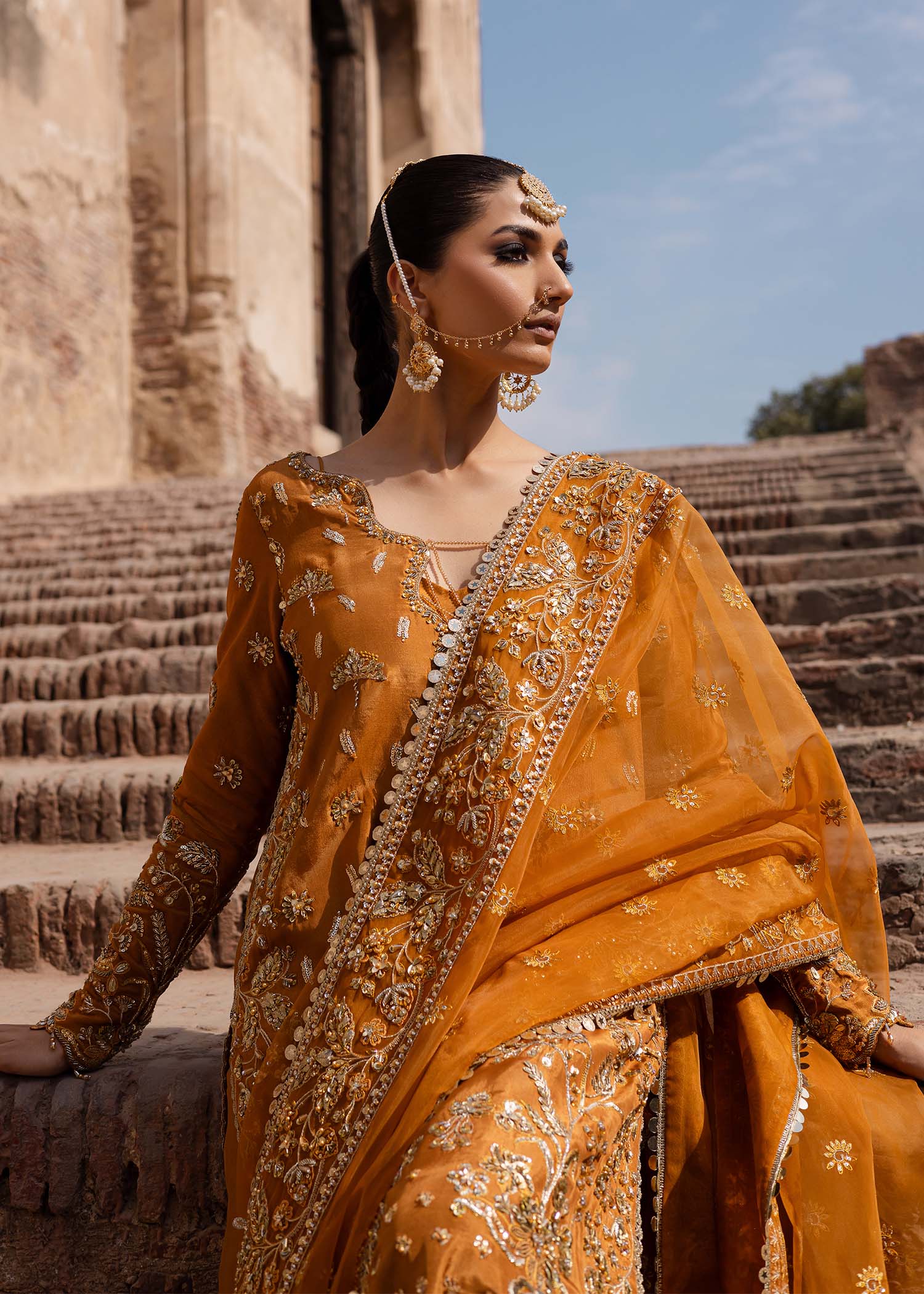 Women Wearing Zarmisha Mustard Long Shirt For Luxury Formals Events - Pakistani Designer Wear For Women In UK | Kifat