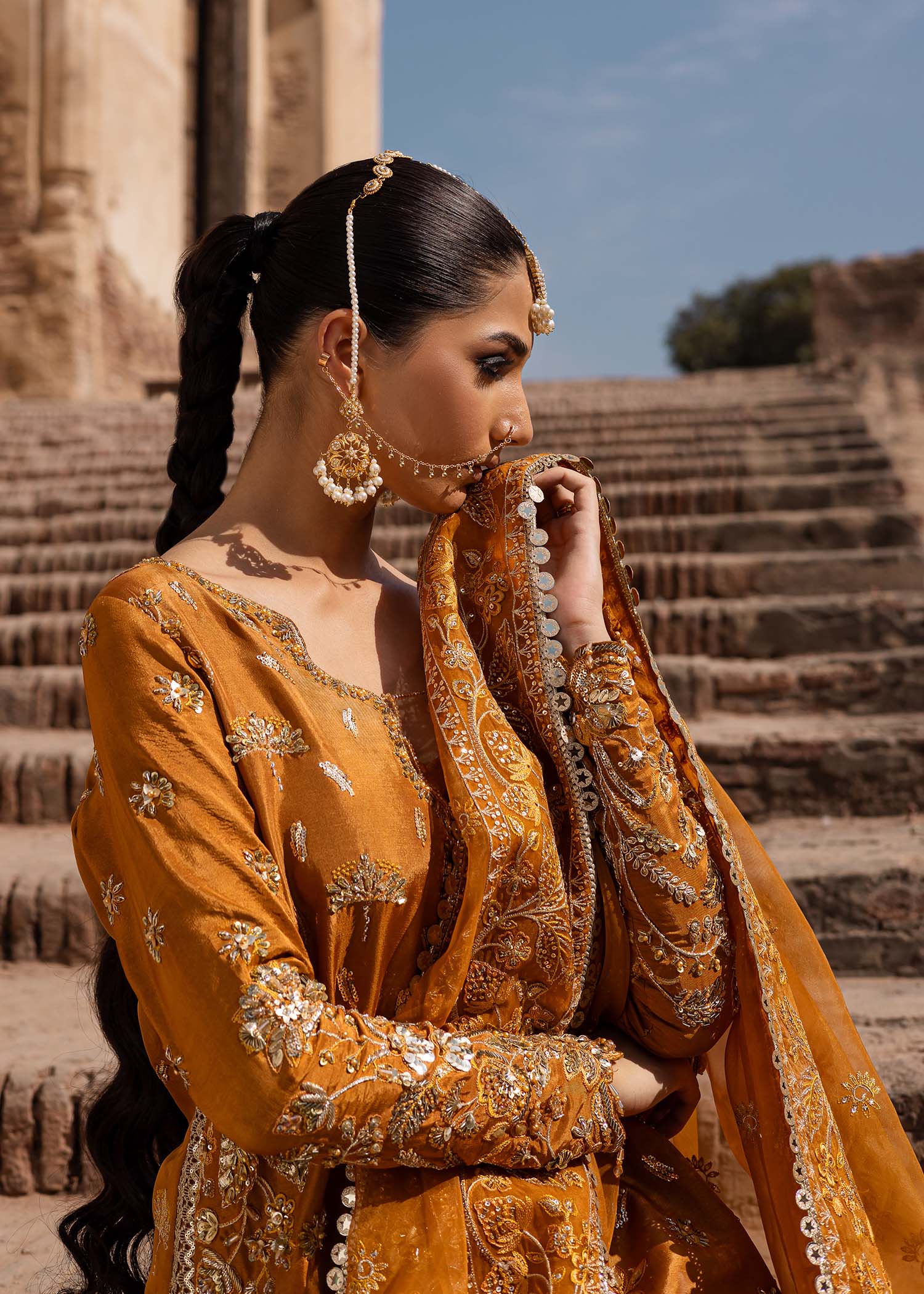 Women Wearing Zarmisha Mustard Long Shirt For Luxury Formals Events - Pakistani Designer Wear For Women In UK | Kifat