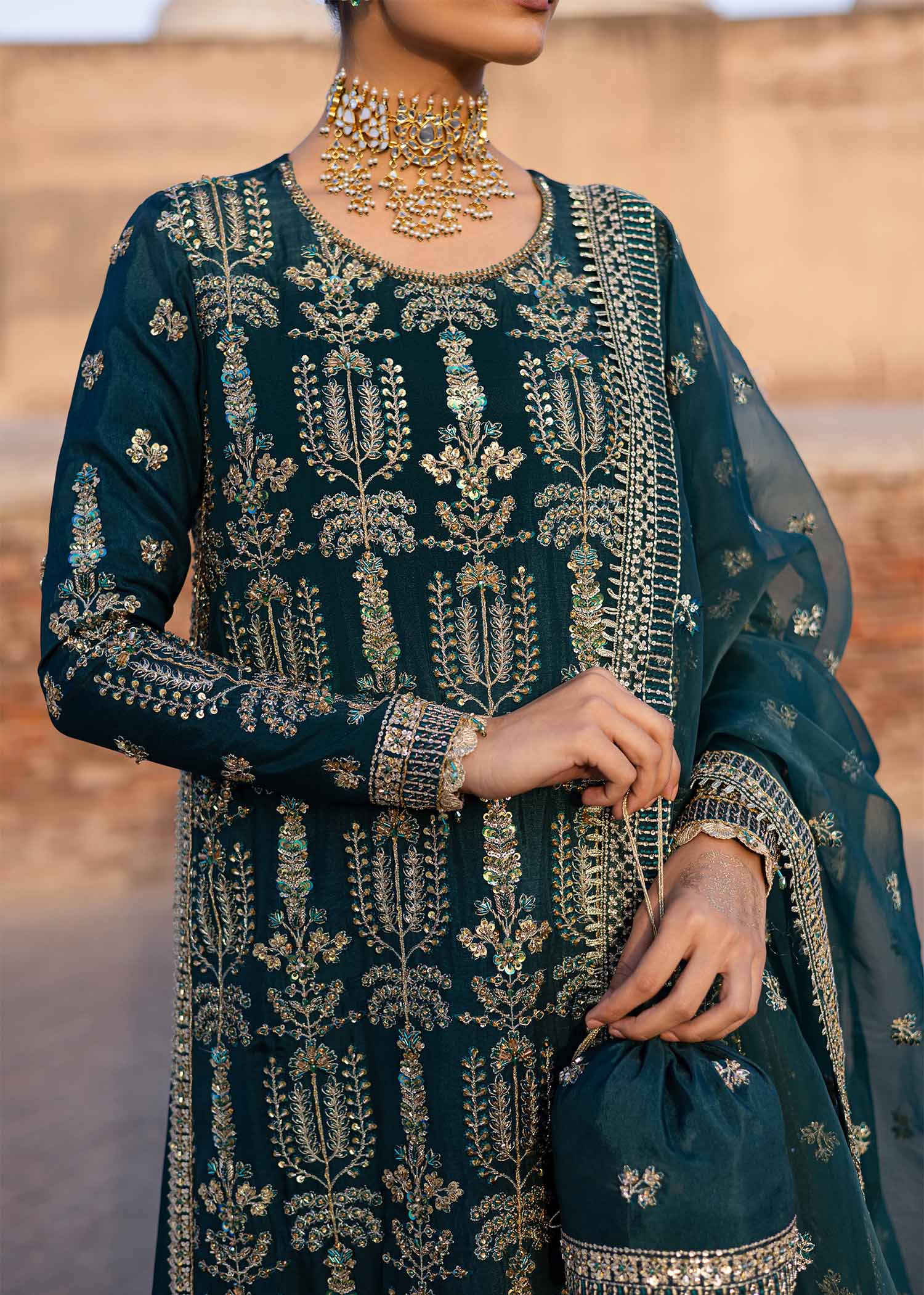 Women Wearing Nazgul Teal Long Shirt For Luxury Formals Events - Pakistani Designer Wear For Women In UK | Kifat