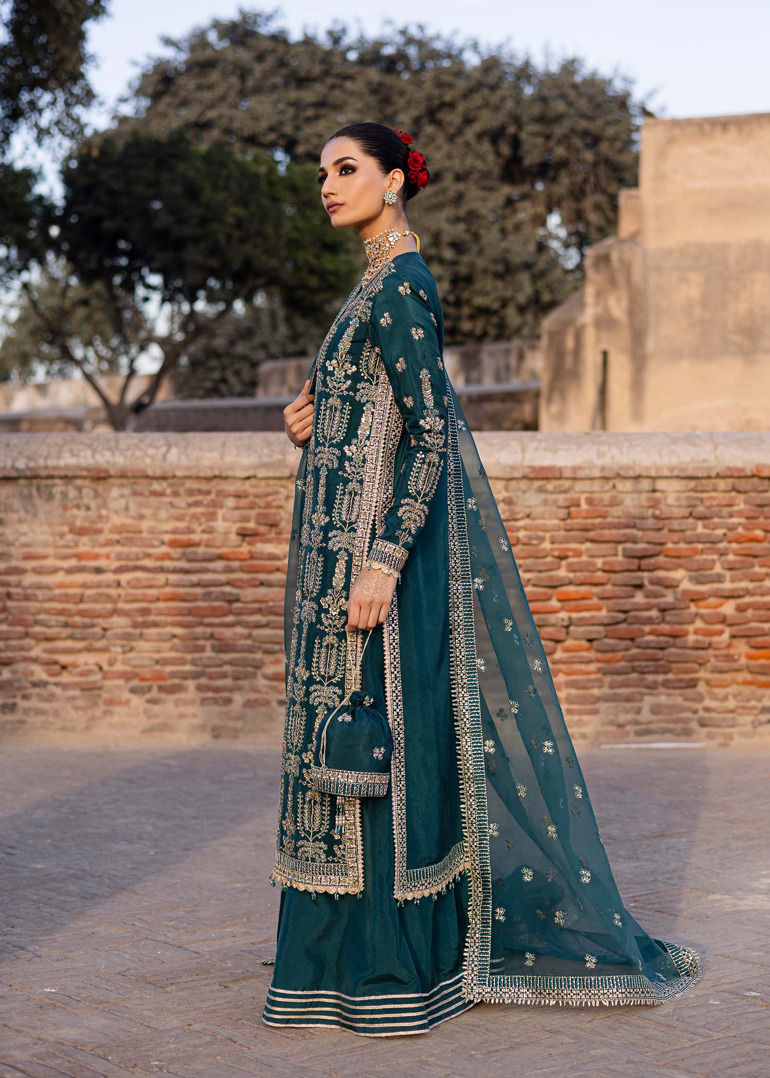 Women Wearing Nazgul Teal Long Shirt For Luxury Formals Events - Pakistani Designer Wear For Women In UK | Kifat