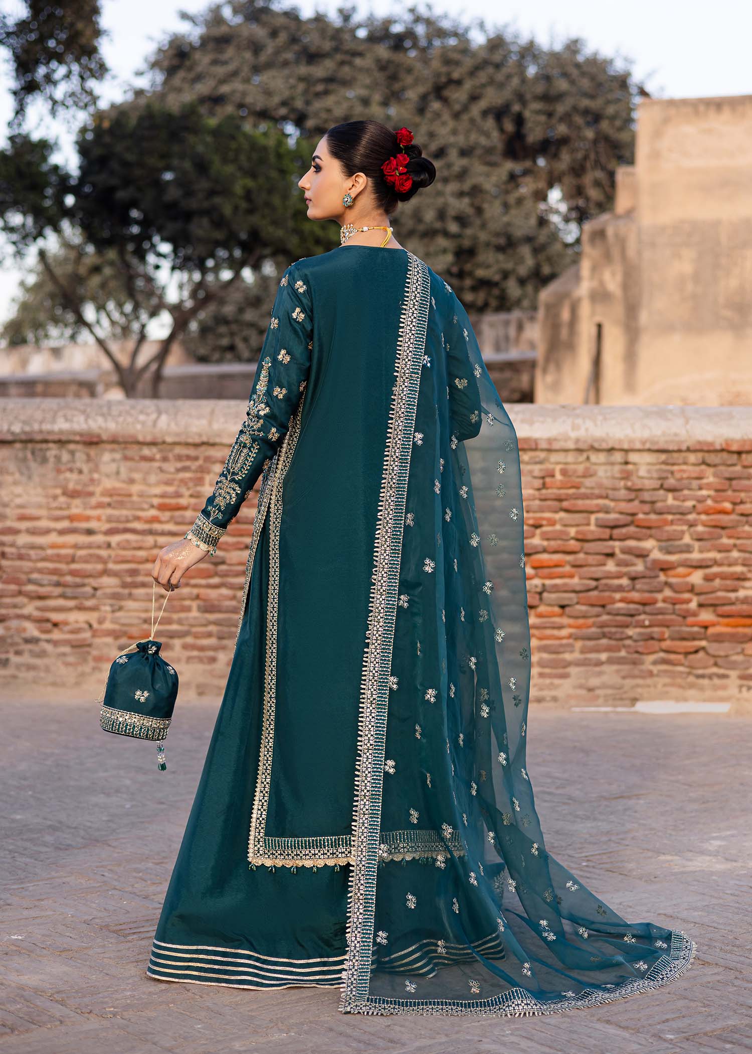 Women Wearing Nazgul Teal Long Shirt For Luxury Formals Events - Pakistani Designer Wear For Women In UK | Kifat