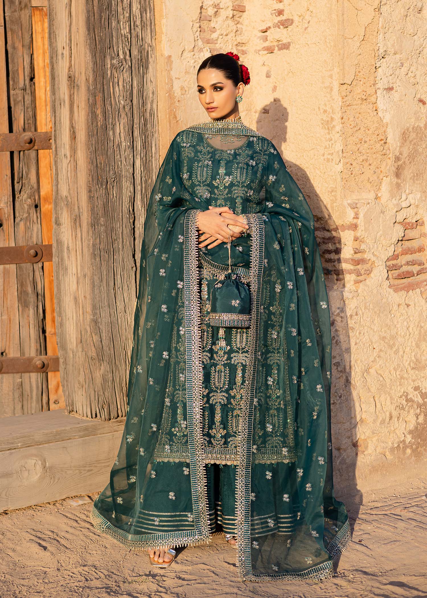 Women Wearing Nazgul Teal Long Shirt For Luxury Formals Events - Pakistani Designer Wear For Women In UK | Kifat