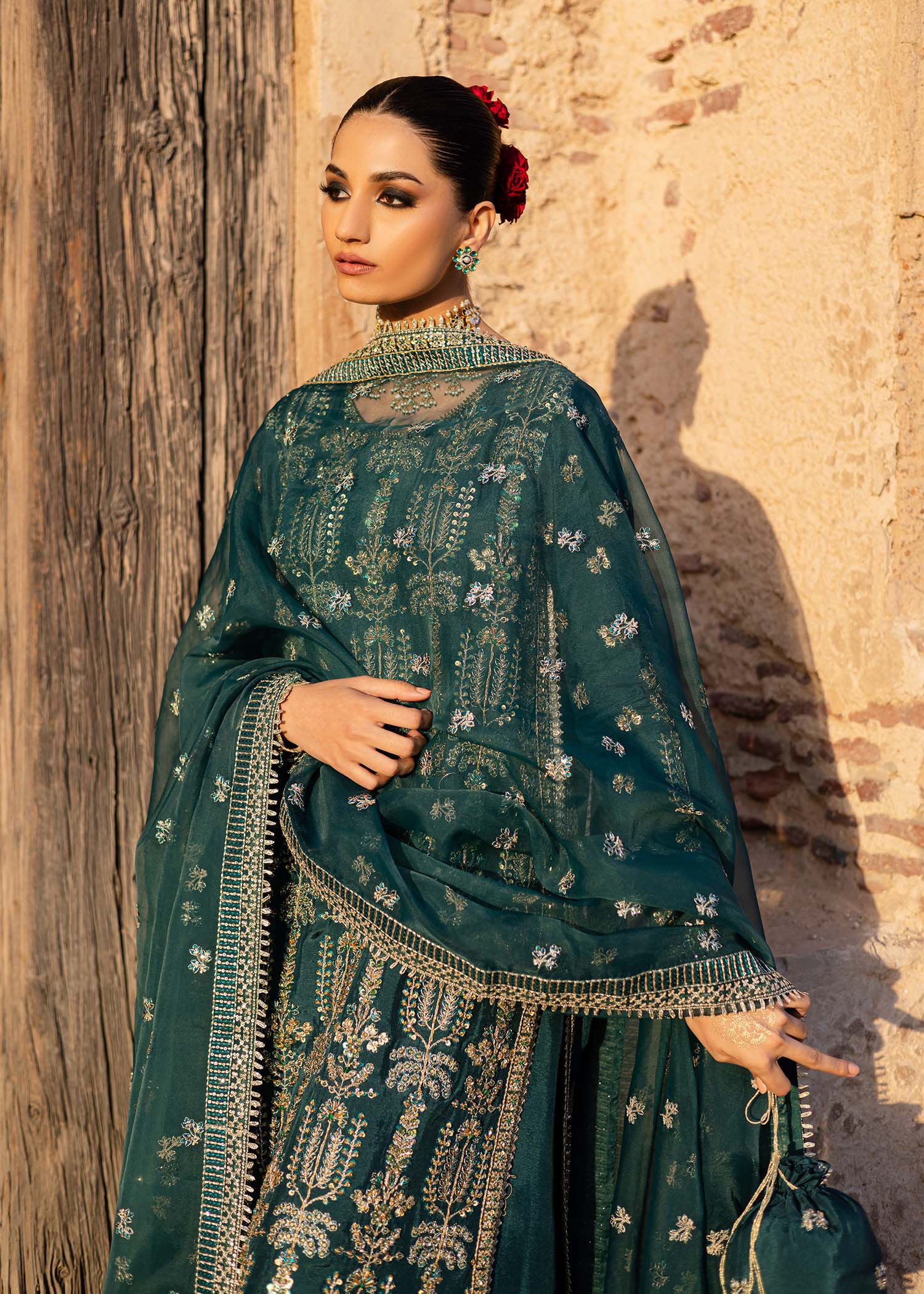 Women Wearing Nazgul Teal Long Shirt For Luxury Formals Events - Pakistani Designer Wear For Women In UK | Kifat