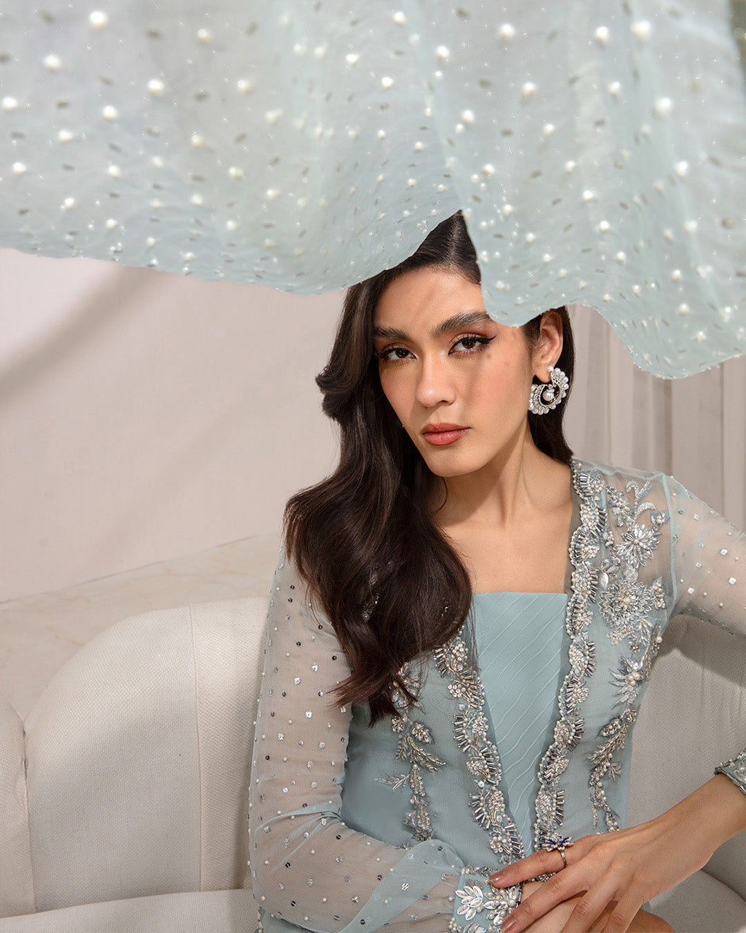 Chiffon Embroidered Ice Blue Shirt with Trouser for Formal
