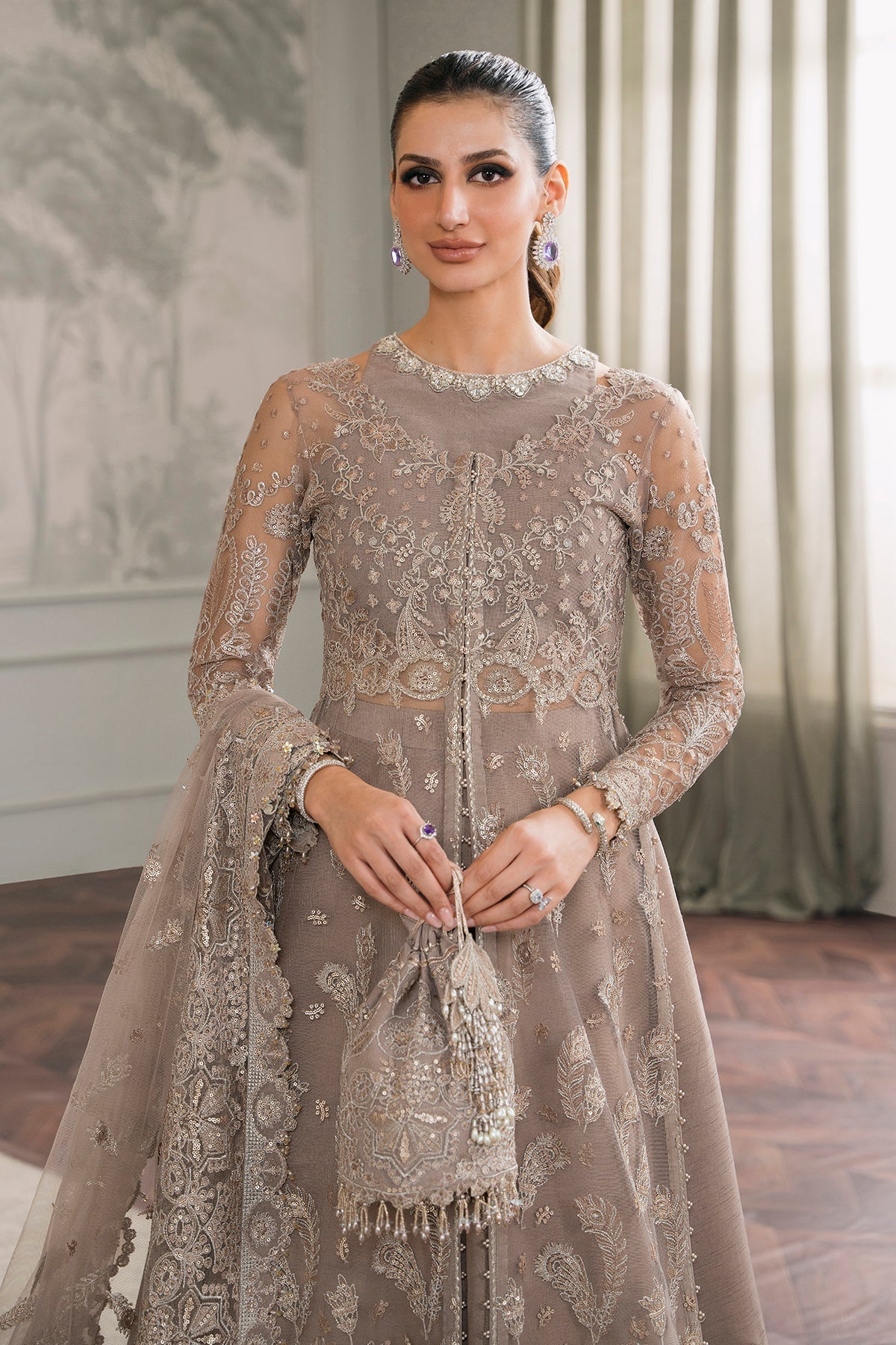 Baroque CH12-06 Beige Slit Maxi,Saree for Formal Events - Pakistani Designer Wear for Women in UK | Kifat