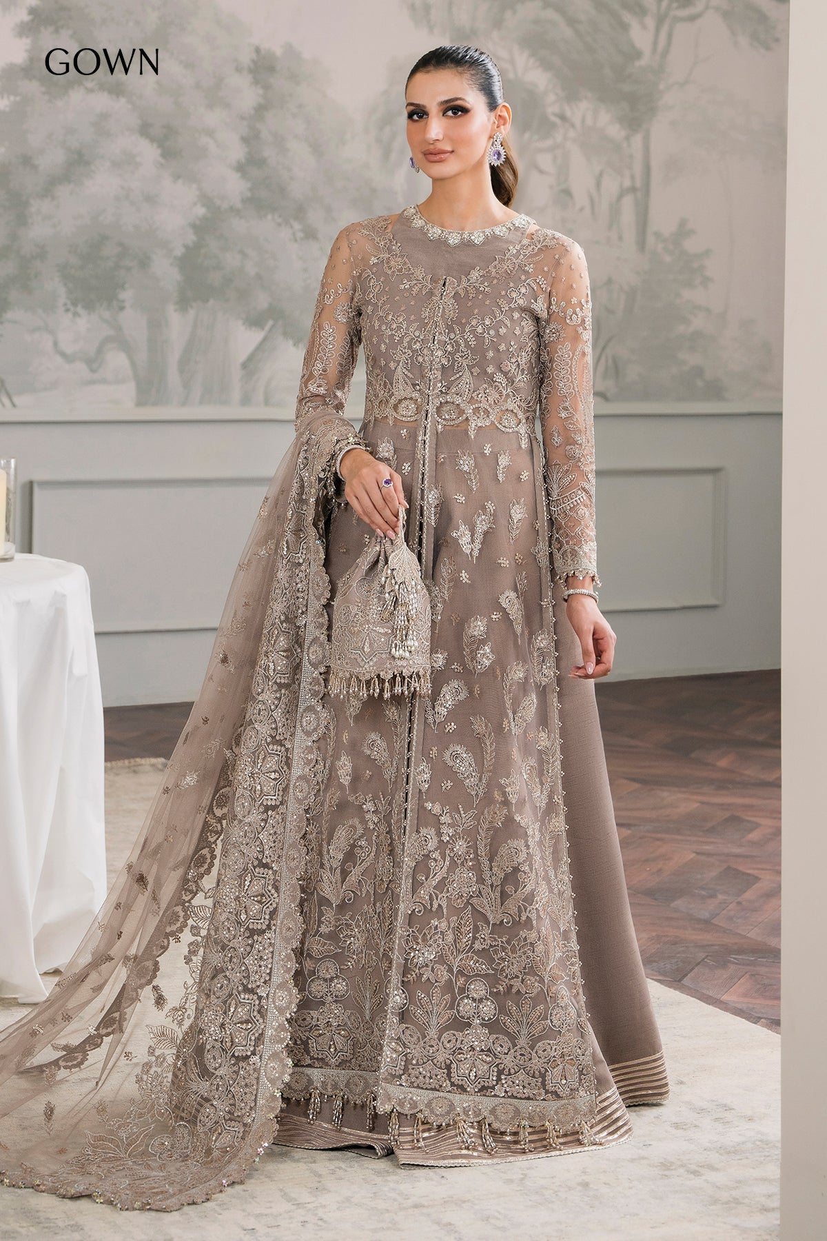 Baroque CH12-06 Beige Slit Maxi,Saree for Formal Events - Pakistani Designer Wear for Women in UK | Kifat