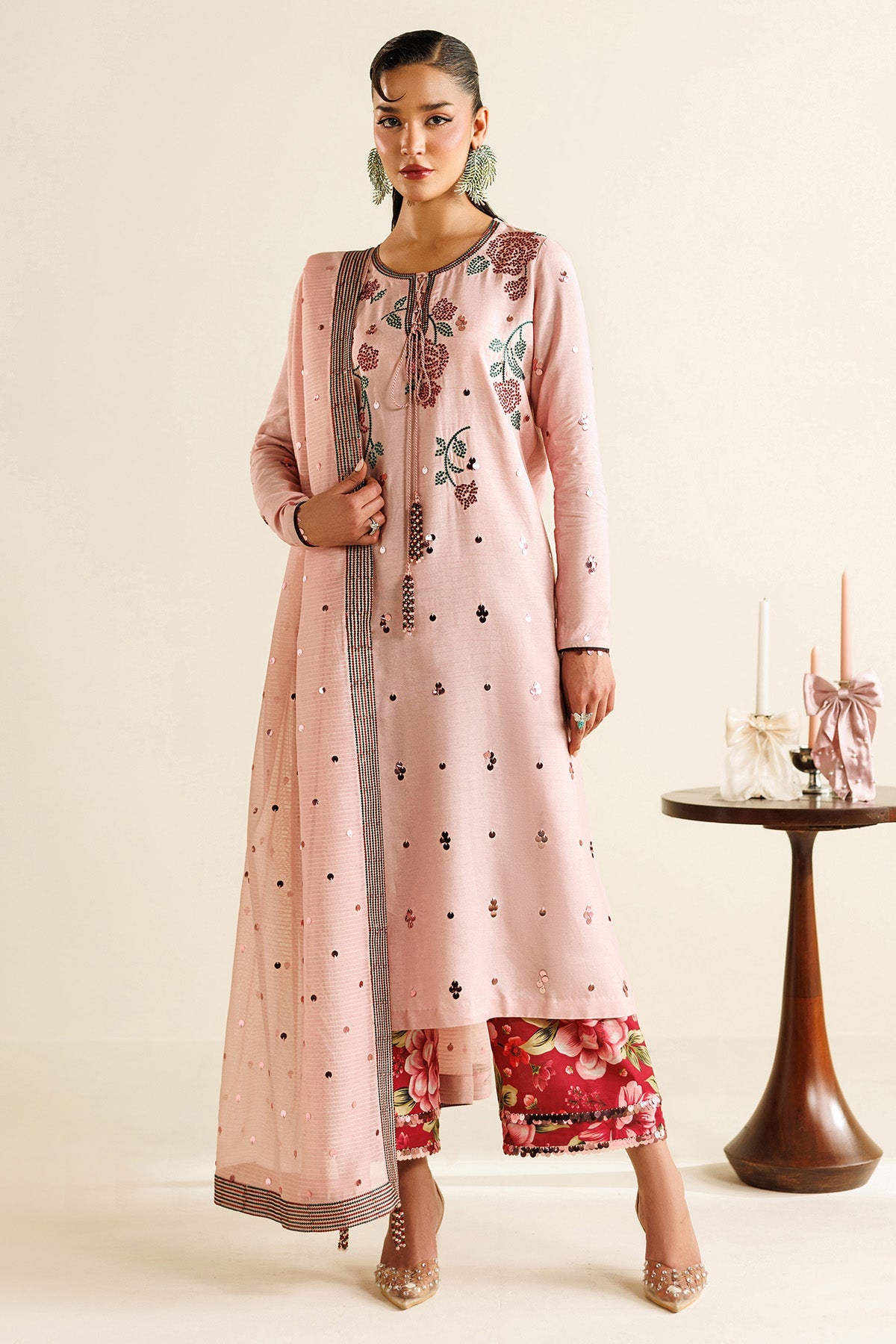 Women Wearing Embroidered Raw Silk UR-7071 Pink Long Shirt for Wedding Events - Pakistani Designer Wear for Women in UK | Kifat