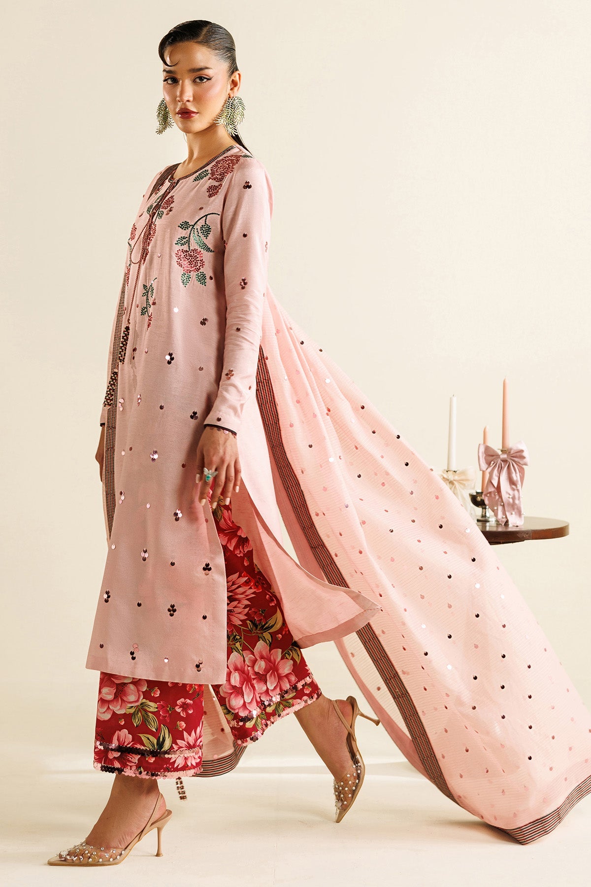 Women Wearing Embroidered Raw Silk UR-7071 Pink Long Shirt for Wedding Events - Pakistani Designer Wear for Women in UK | Kifat