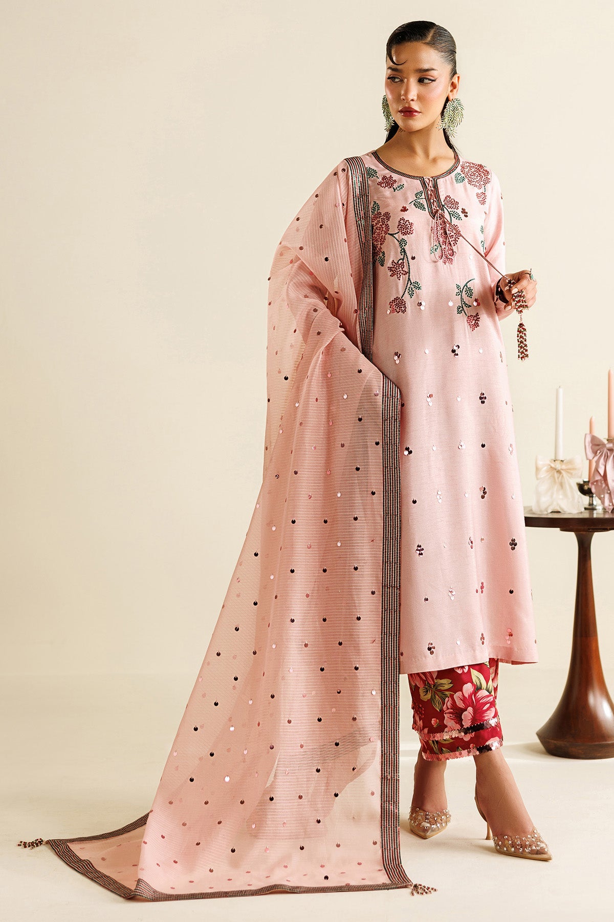 Women Wearing Embroidered Raw Silk UR-7071 Pink Long Shirt for Wedding Events - Pakistani Designer Wear for Women in UK | Kifat