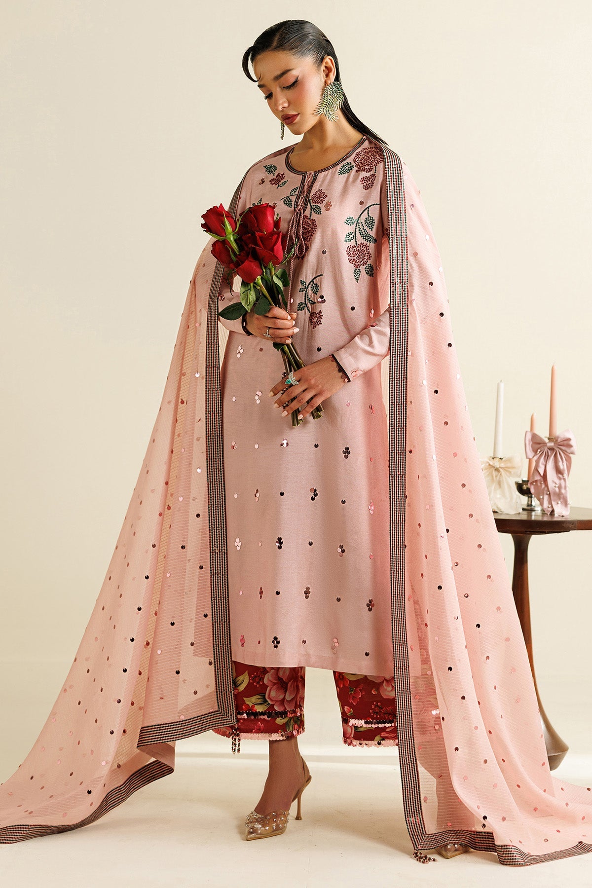 Women Wearing Embroidered Raw Silk UR-7071 Pink Long Shirt for Wedding Events - Pakistani Designer Wear for Women in UK | Kifat