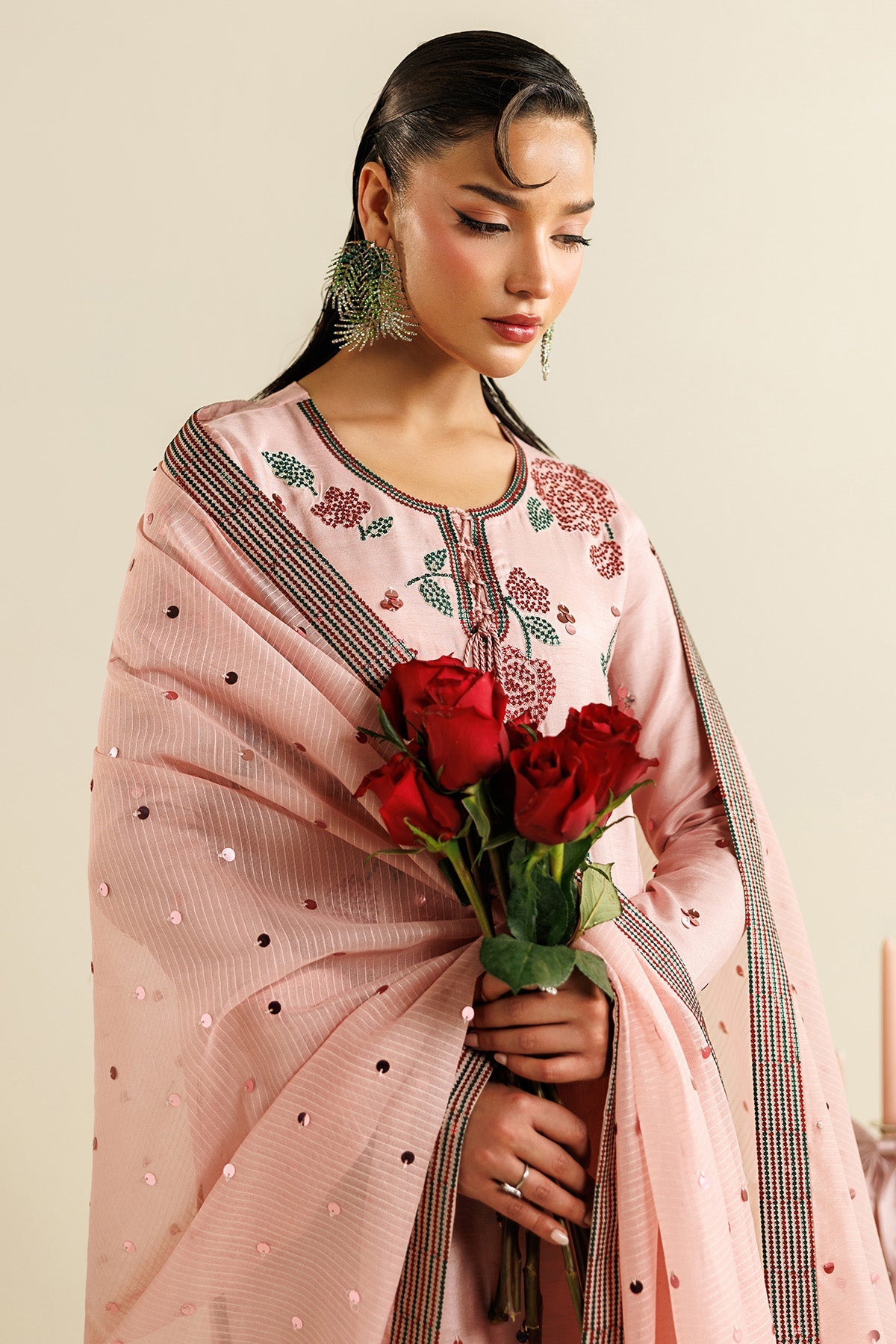 Women Wearing Embroidered Raw Silk UR-7071 Pink Long Shirt for Wedding Events - Pakistani Designer Wear for Women in UK | Kifat