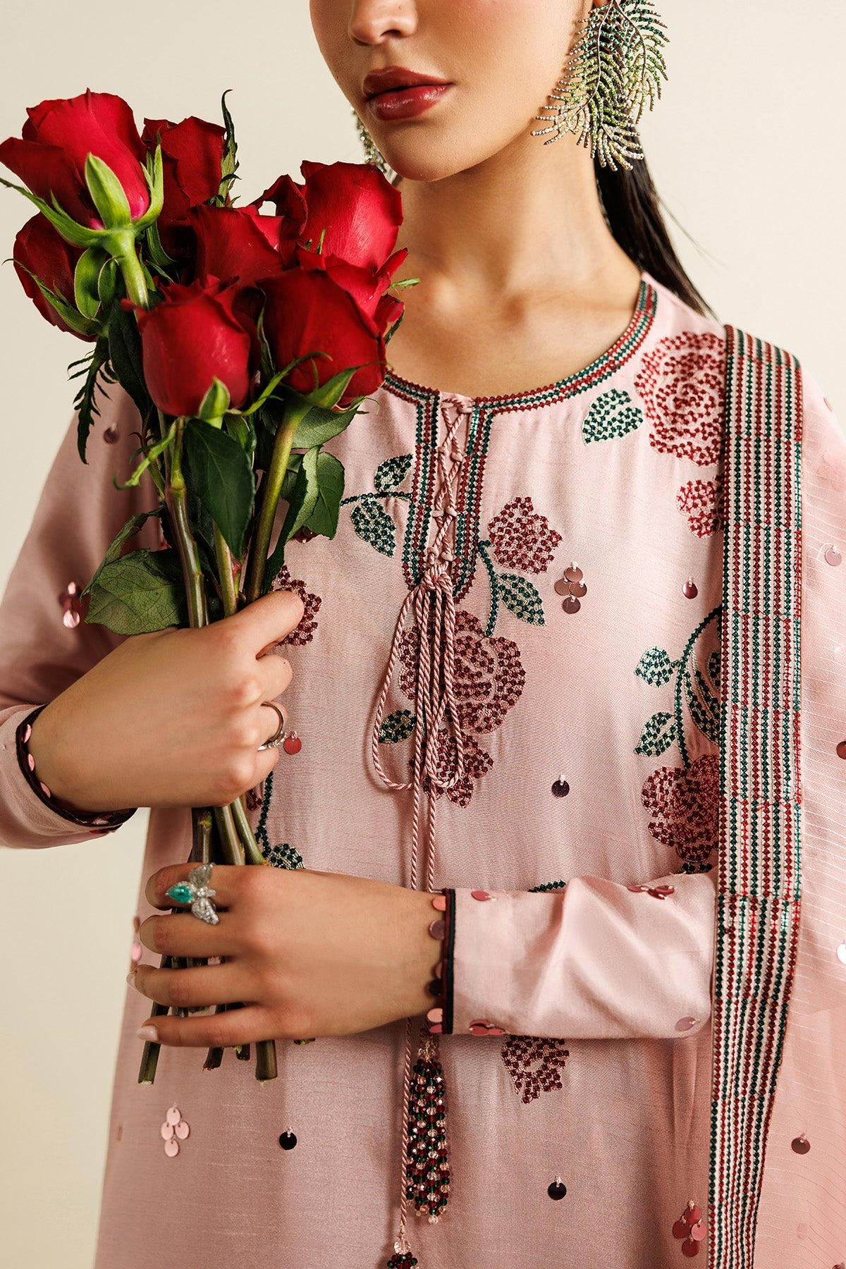 Women Wearing Embroidered Raw Silk UR-7071 Pink Long Shirt for Wedding Events - Pakistani Designer Wear for Women in UK | Kifat