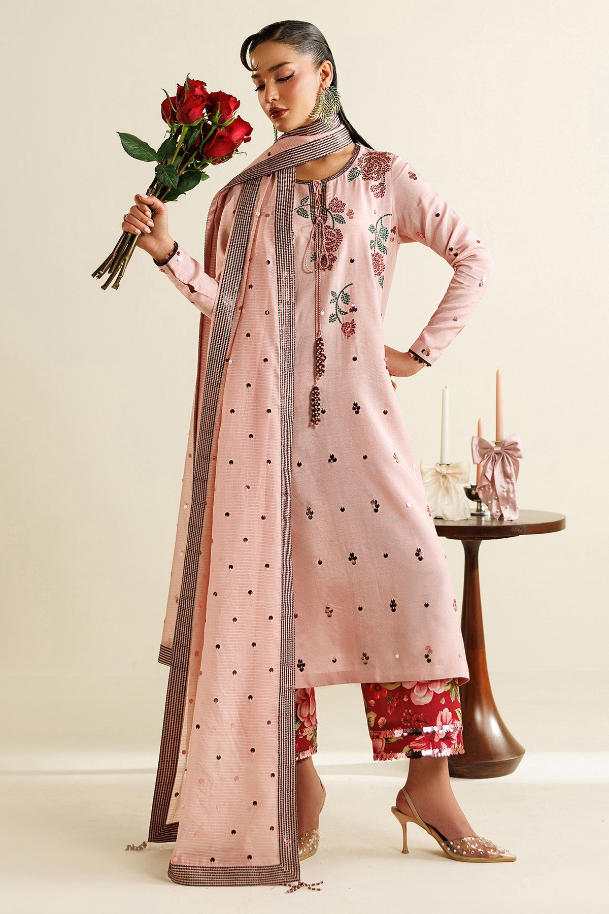 Women Wearing Embroidered Raw Silk UR-7071 Pink Long Shirt for Wedding Events - Pakistani Designer Wear for Women in UK | Kifat
