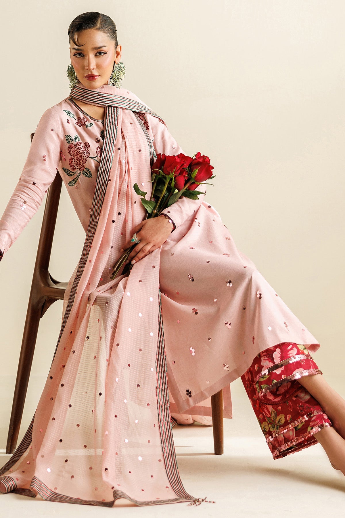 Women Wearing Embroidered Raw Silk UR-7071 Pink Long Shirt for Wedding Events - Pakistani Designer Wear for Women in UK | Kifat