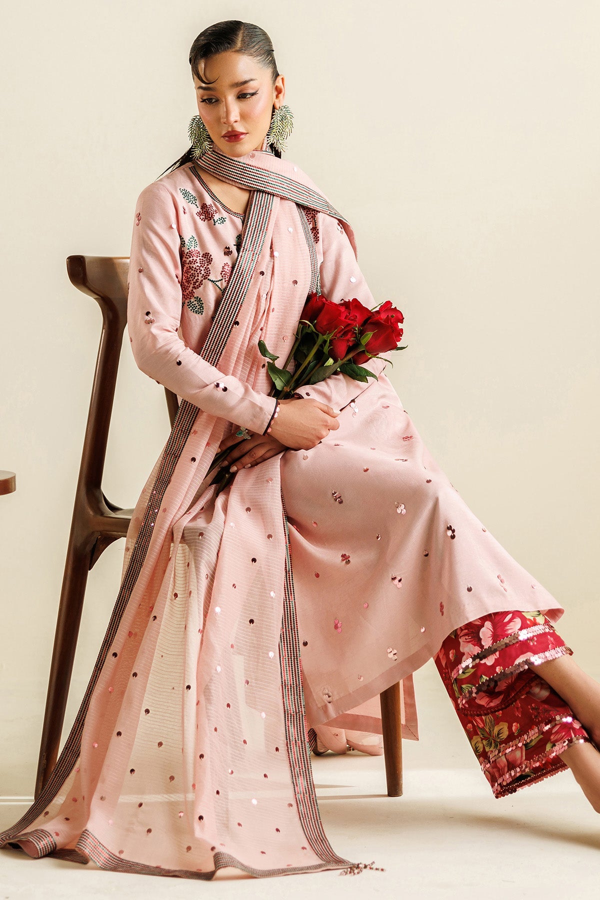 Women Wearing Embroidered Raw Silk UR-7071 Pink Long Shirt for Wedding Events - Pakistani Designer Wear for Women in UK | Kifat