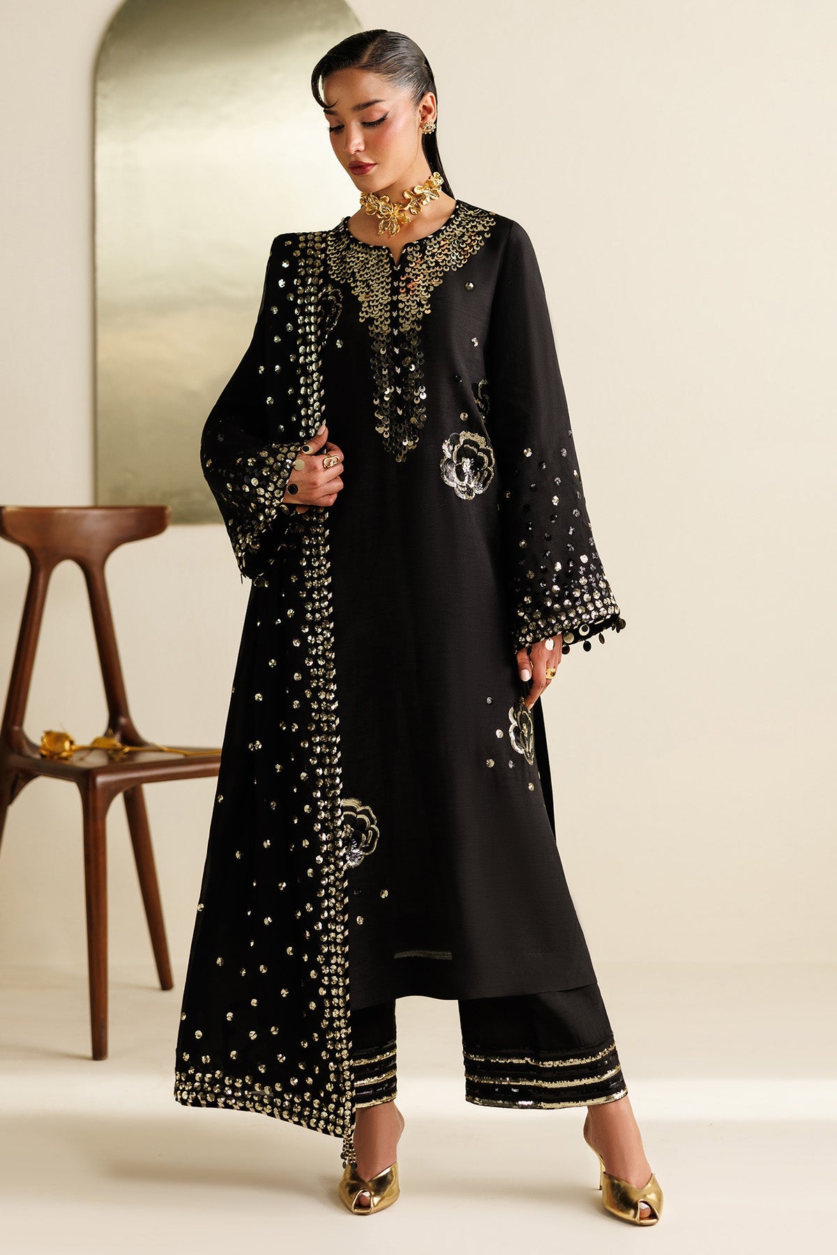 Women Wearing Embroidered Raw Silk UR-7065 Black Long Shirt for Wedding Events - Pakistani Designer Wear for Women in UK | Kifat