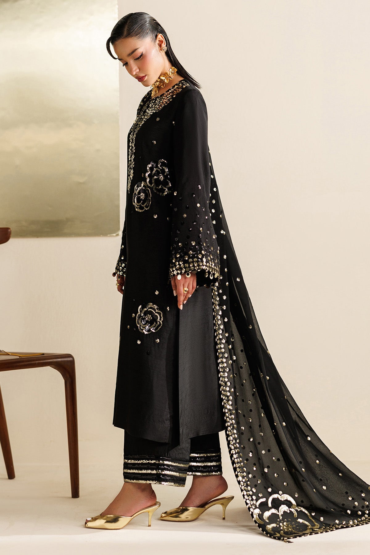 Women Wearing Embroidered Raw Silk UR-7065 Black Long Shirt for Wedding Events - Pakistani Designer Wear for Women in UK | Kifat