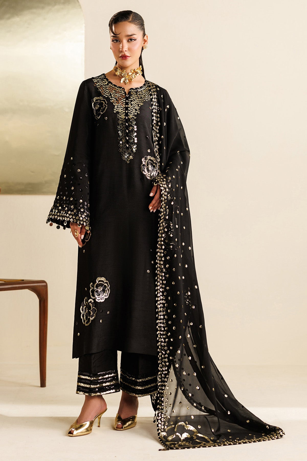 Women Wearing Embroidered Raw Silk UR-7065 Black Long Shirt for Wedding Events - Pakistani Designer Wear for Women in UK | Kifat