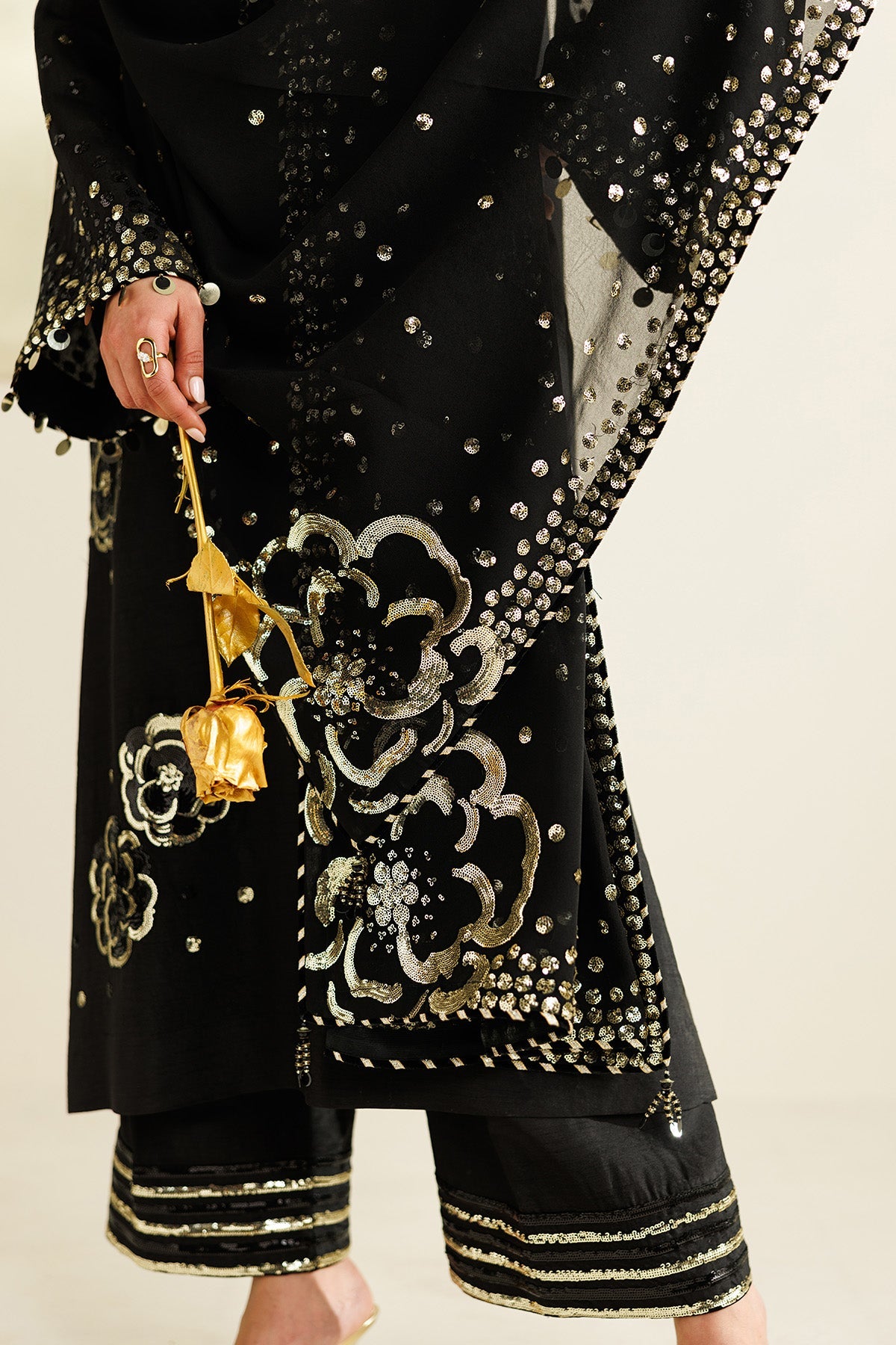 Women Wearing Embroidered Raw Silk UR-7065 Black Long Shirt for Wedding Events - Pakistani Designer Wear for Women in UK | Kifat