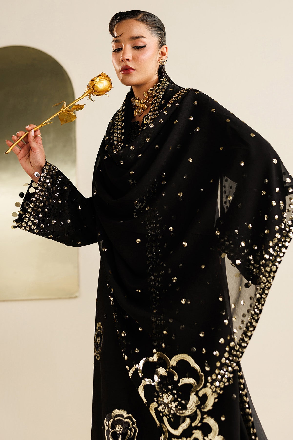 Women Wearing Embroidered Raw Silk UR-7065 Black Long Shirt for Wedding Events - Pakistani Designer Wear for Women in UK | Kifat