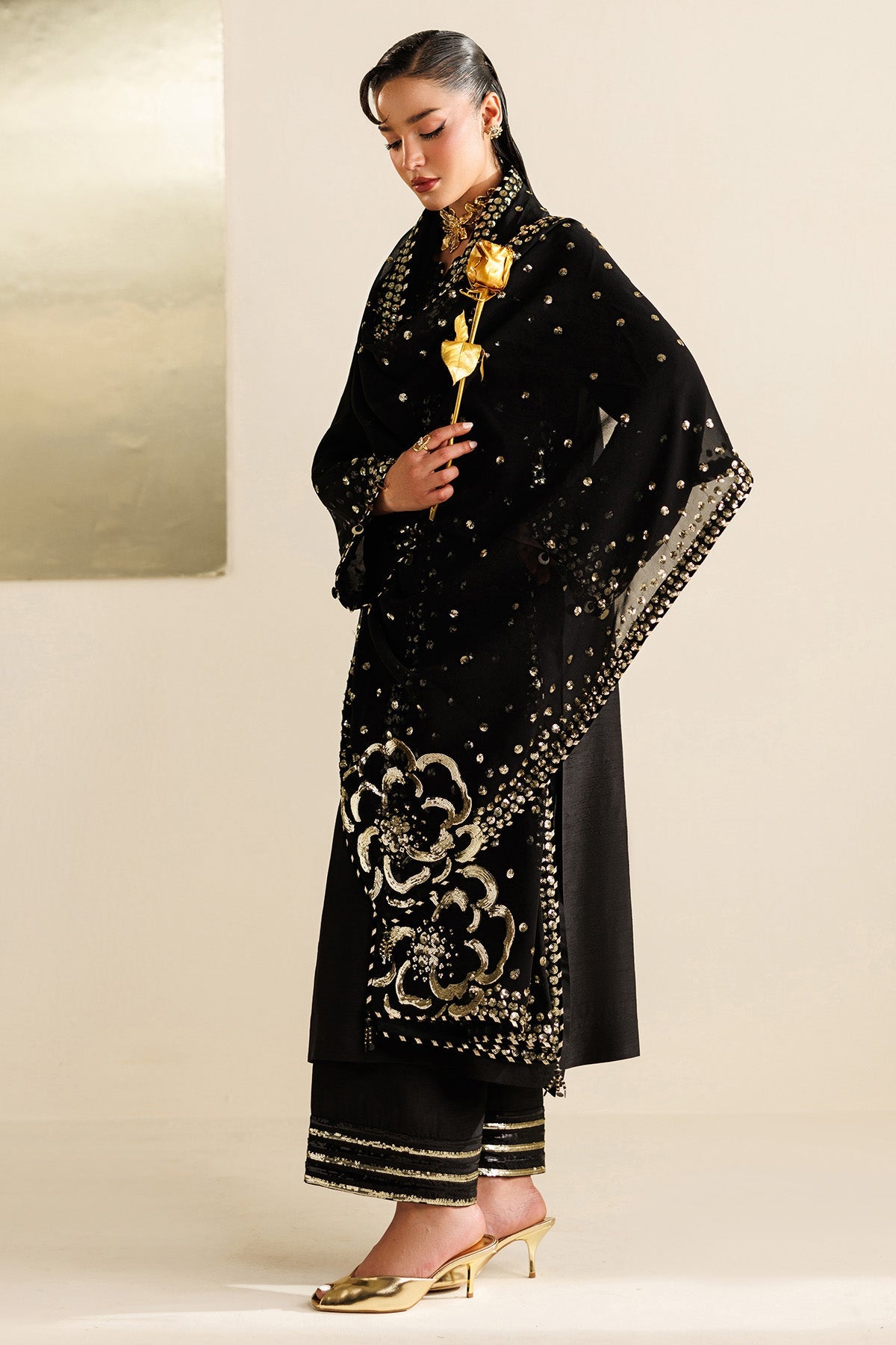 Women Wearing Embroidered Raw Silk UR-7065 Black Long Shirt for Wedding Events - Pakistani Designer Wear for Women in UK | Kifat