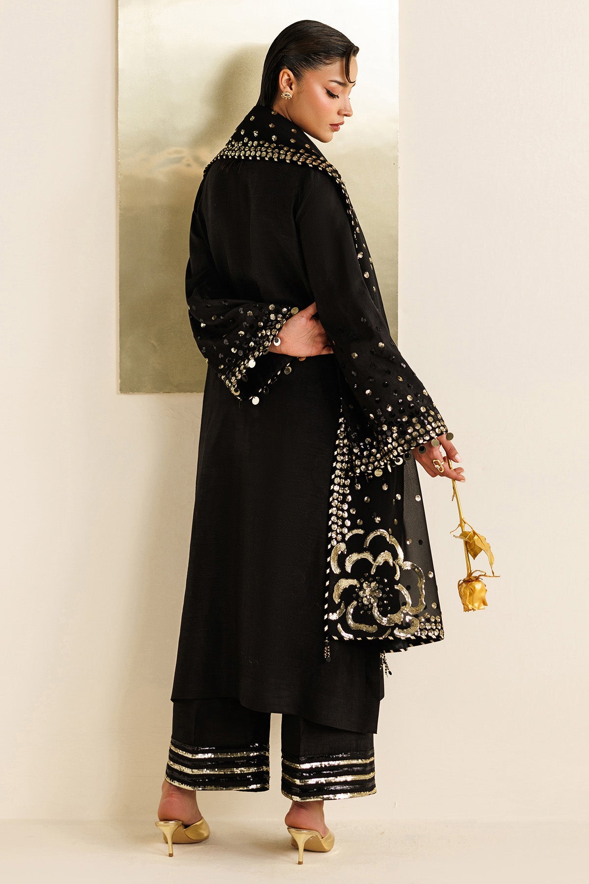 Women Wearing Embroidered Raw Silk UR-7065 Black Long Shirt for Wedding Events - Pakistani Designer Wear for Women in UK | Kifat