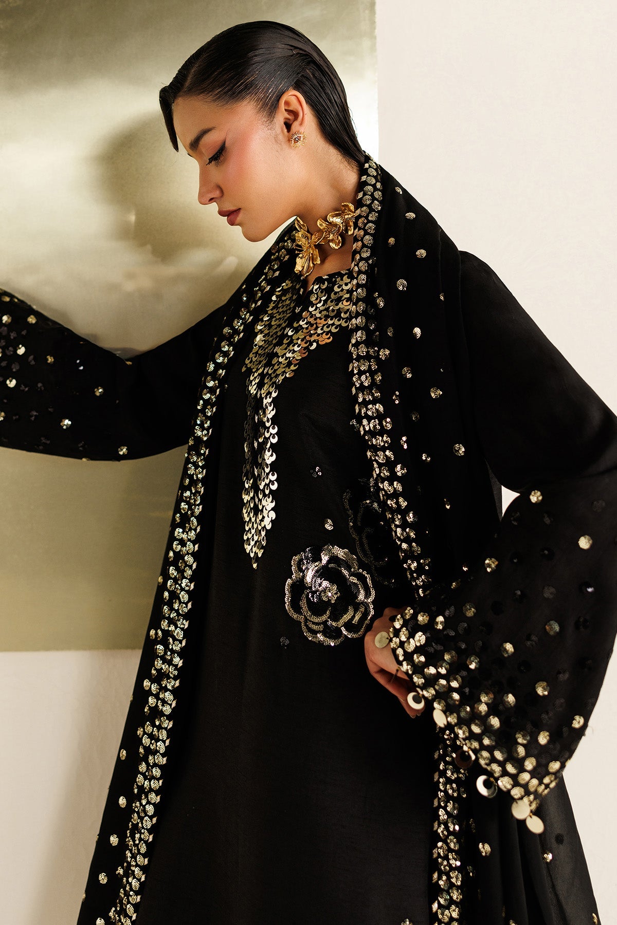 Women Wearing Embroidered Raw Silk UR-7065 Black Long Shirt for Wedding Events - Pakistani Designer Wear for Women in UK | Kifat