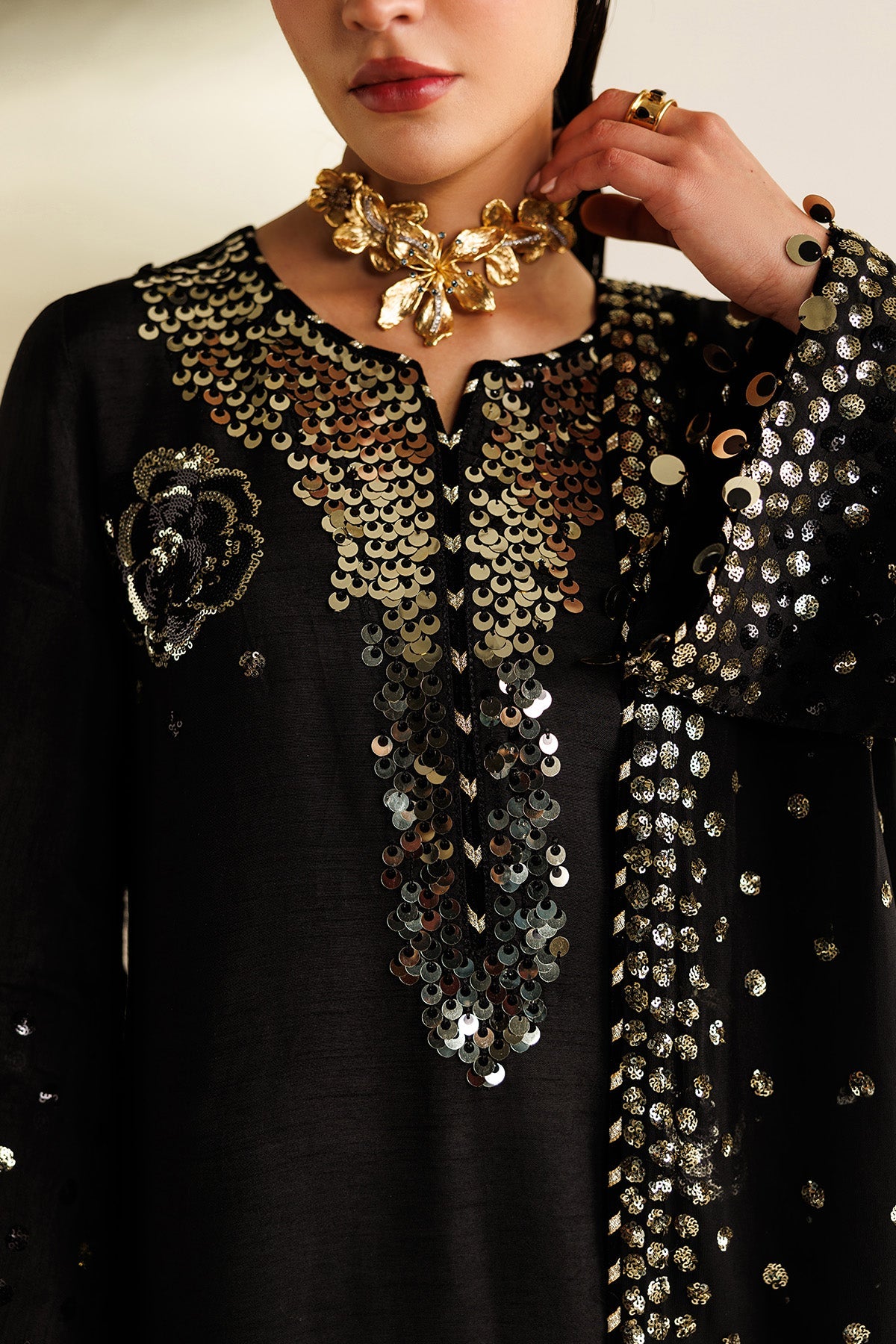 Women Wearing Embroidered Raw Silk UR-7065 Black Long Shirt for Wedding Events - Pakistani Designer Wear for Women in UK | Kifat