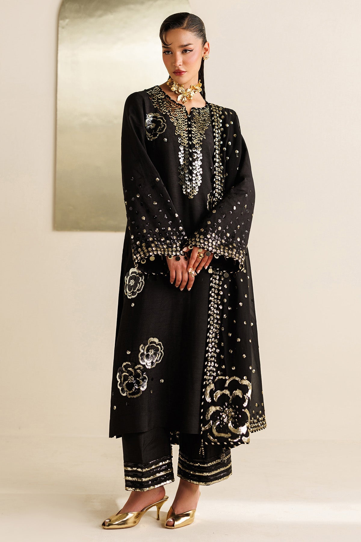 Women Wearing Embroidered Raw Silk UR-7065 Black Long Shirt for Wedding Events - Pakistani Designer Wear for Women in UK | Kifat