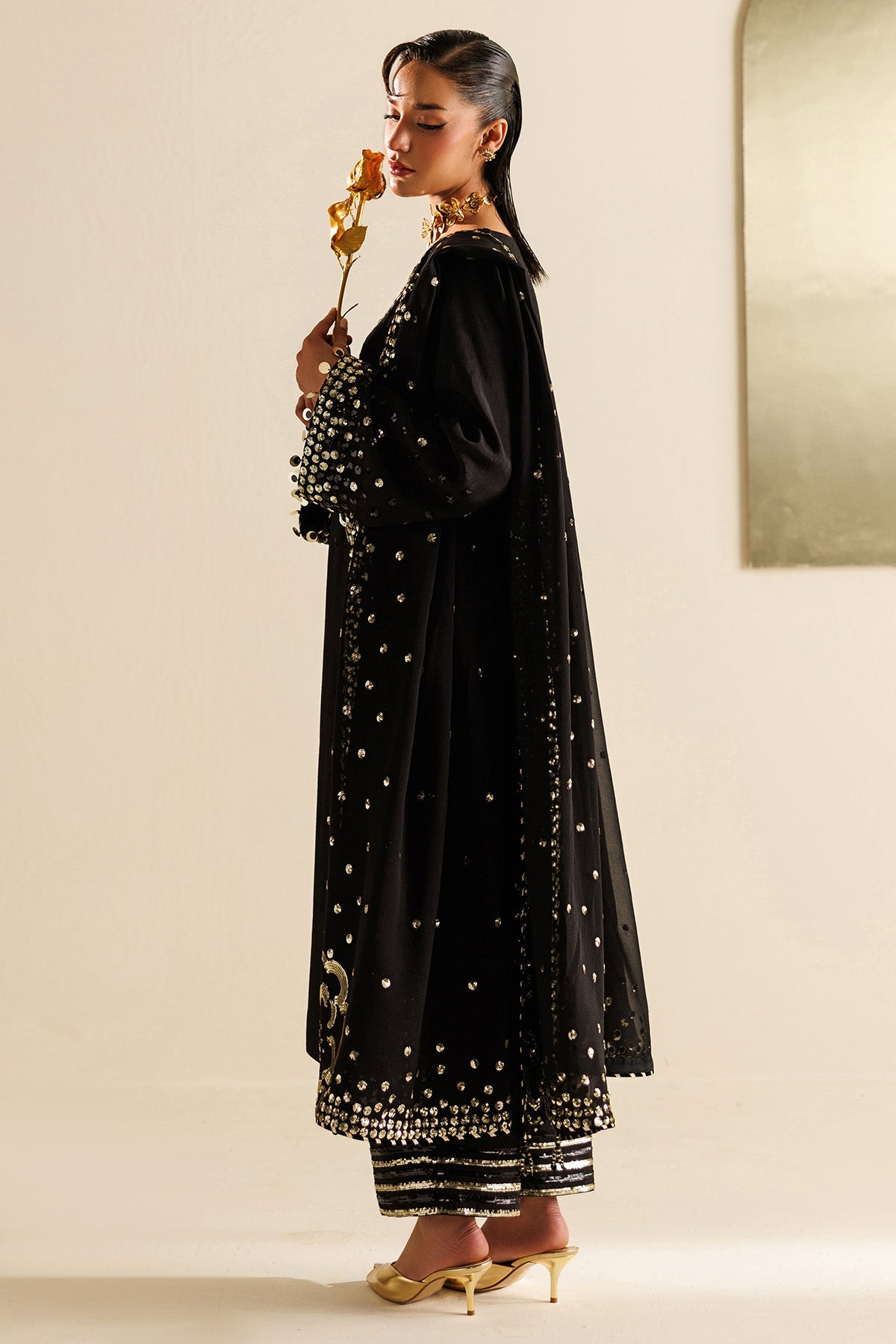 Women Wearing Embroidered Raw Silk UR-7065 Black Long Shirt for Wedding Events - Pakistani Designer Wear for Women in UK | Kifat