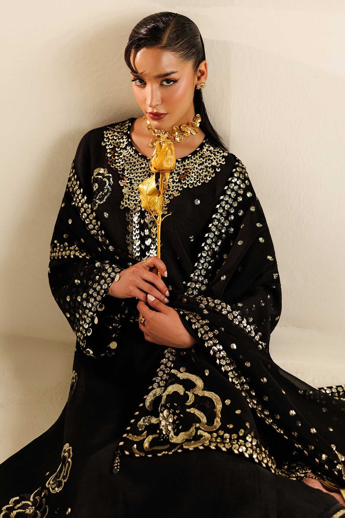 Women Wearing Embroidered Raw Silk UR-7065 Black Long Shirt for Wedding Events - Pakistani Designer Wear for Women in UK | Kifat