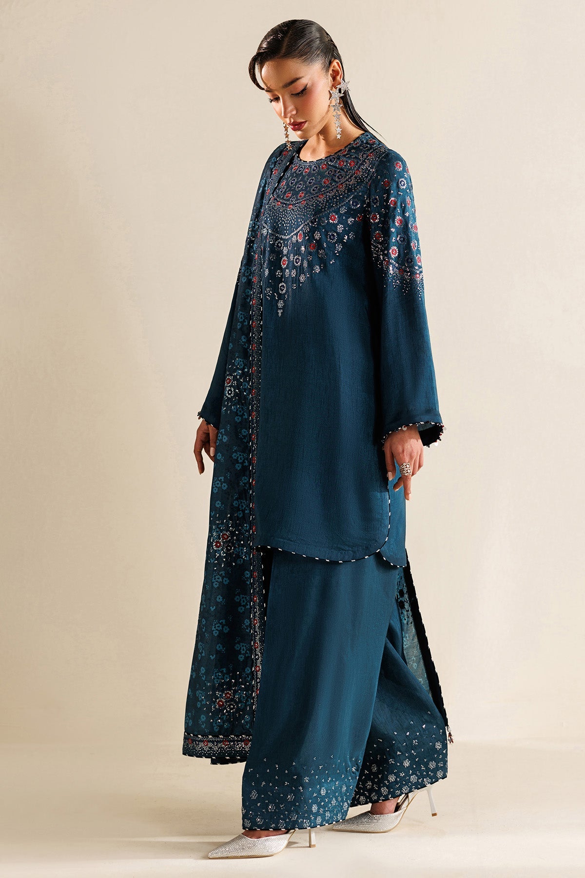 Women Wearing Embroidered Raw Silk UR-7062 Blue Short Shirt for Wedding Events - Pakistani Designer Wear for Women in UK | Kifat