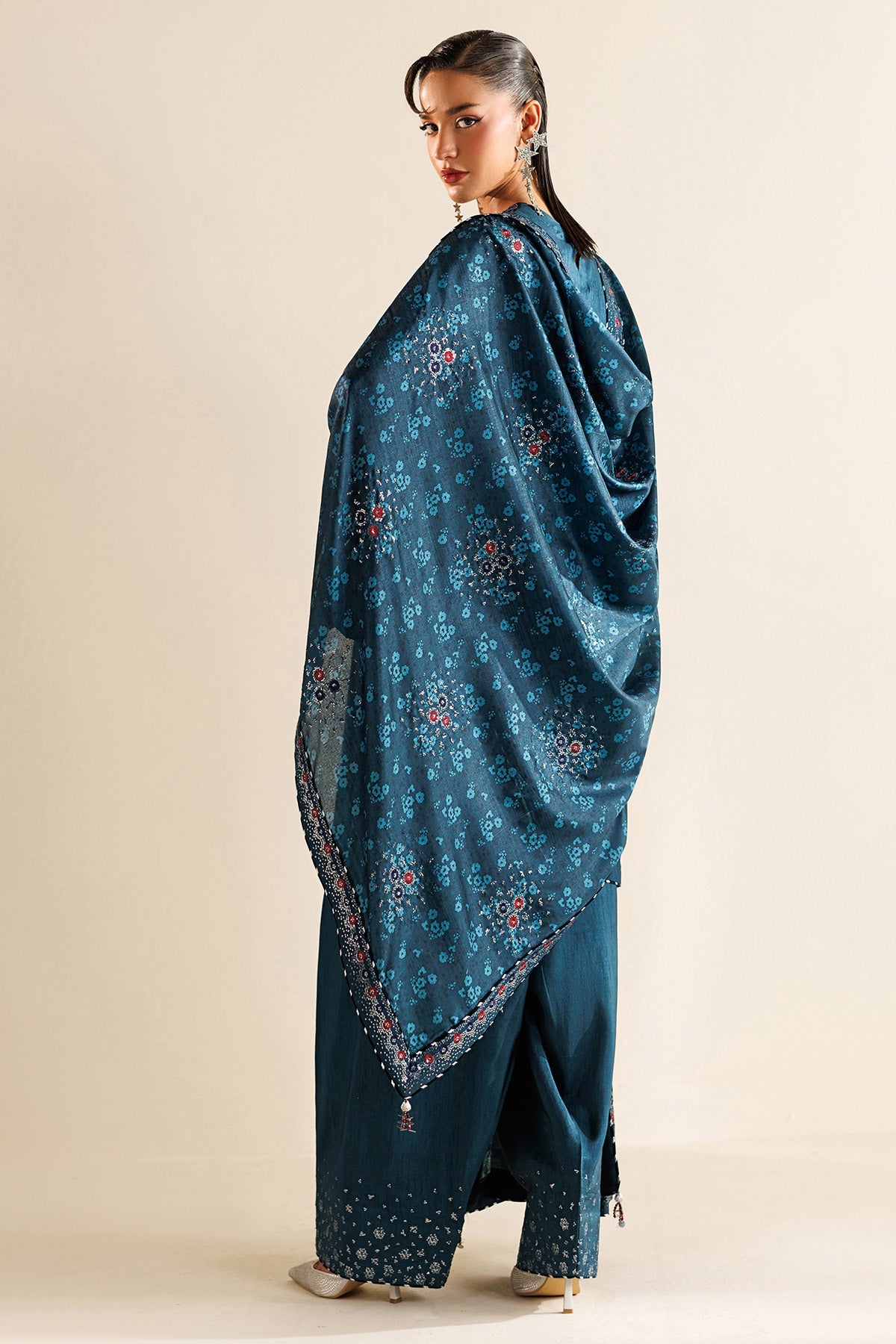 Women Wearing Embroidered Raw Silk UR-7062 Blue Short Shirt for Wedding Events - Pakistani Designer Wear for Women in UK | Kifat