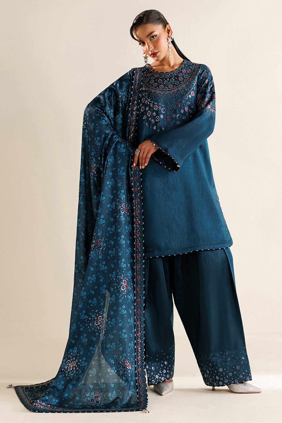 Women Wearing Embroidered Raw Silk UR-7062 Blue Short Shirt for Wedding Events - Pakistani Designer Wear for Women in UK | Kifat